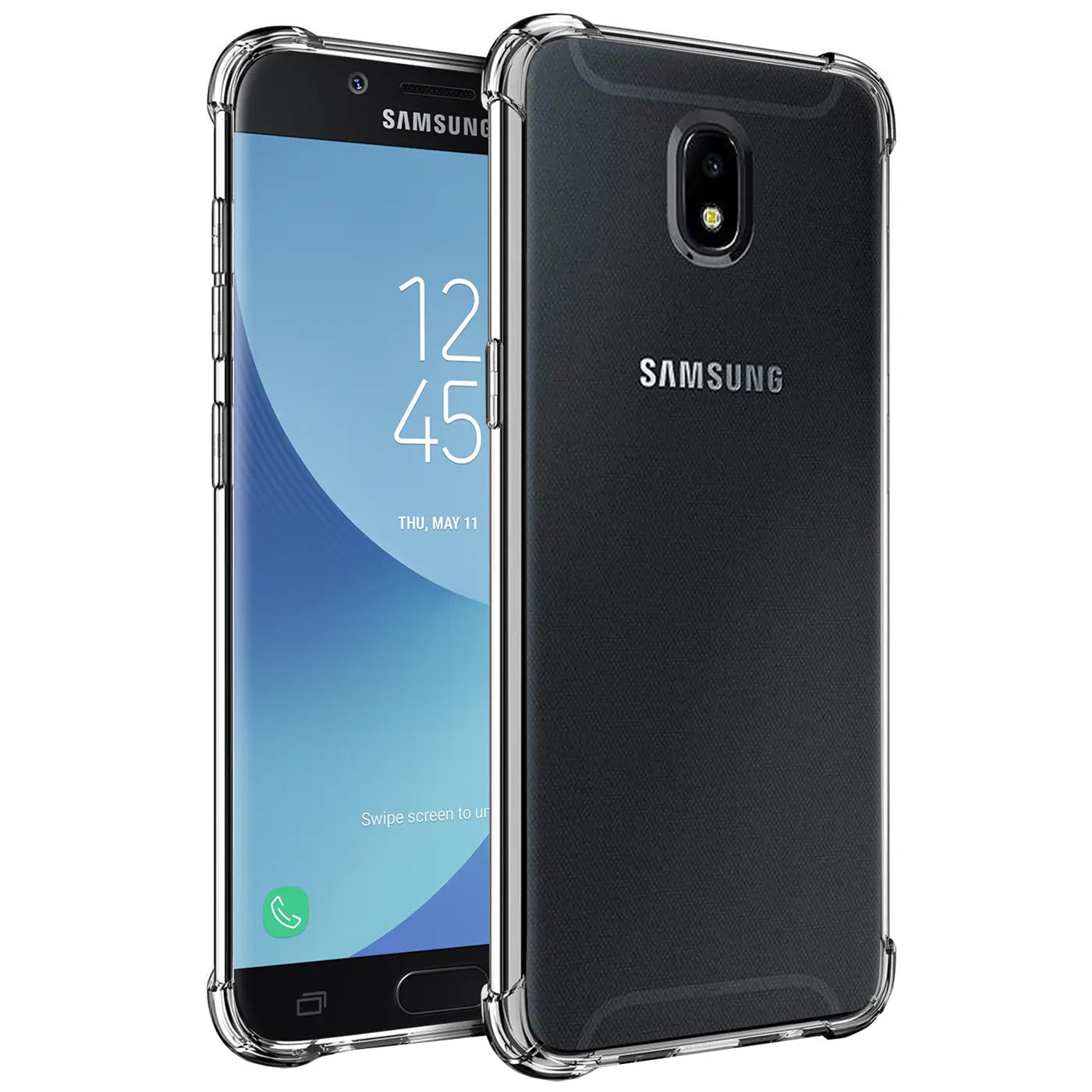 Samsung Galaxy J7 2017 in klarer Hülle, Vorder- und Rückansicht, aus Kunststoff