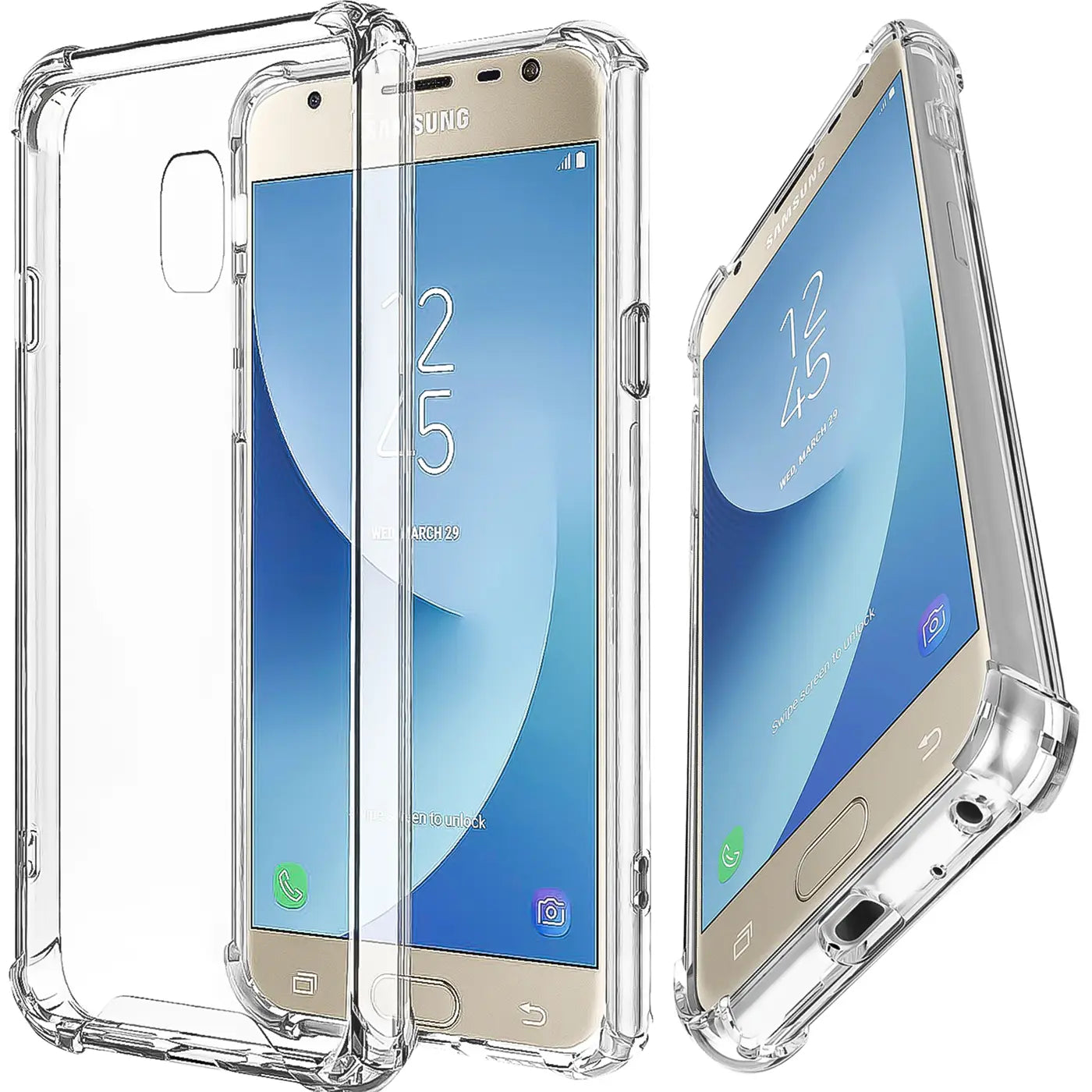Transparente Hülle aus Kunststoff, Vorder- und Seitenansicht, Samsung Galaxy J7 2017.