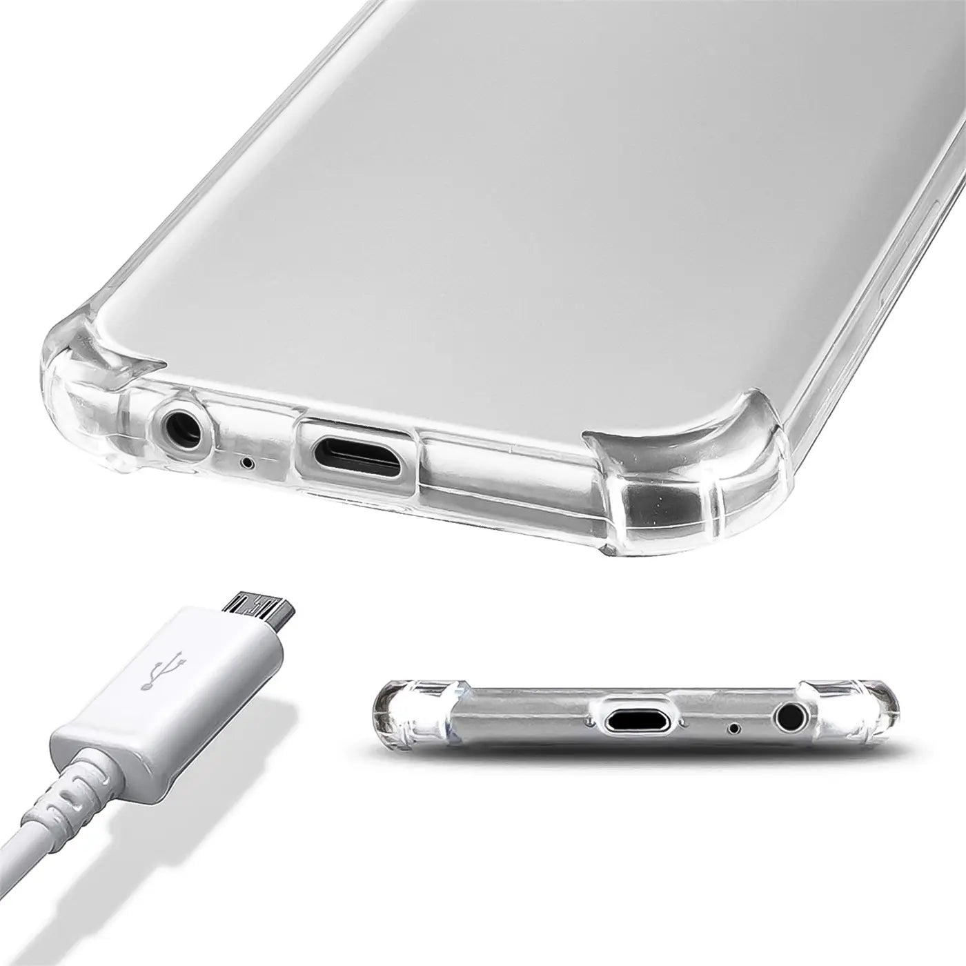 Transparente Hülle aus Kunststoff, Nahaufnahme der Unterseite eines Samsung Galaxy J7 2017.