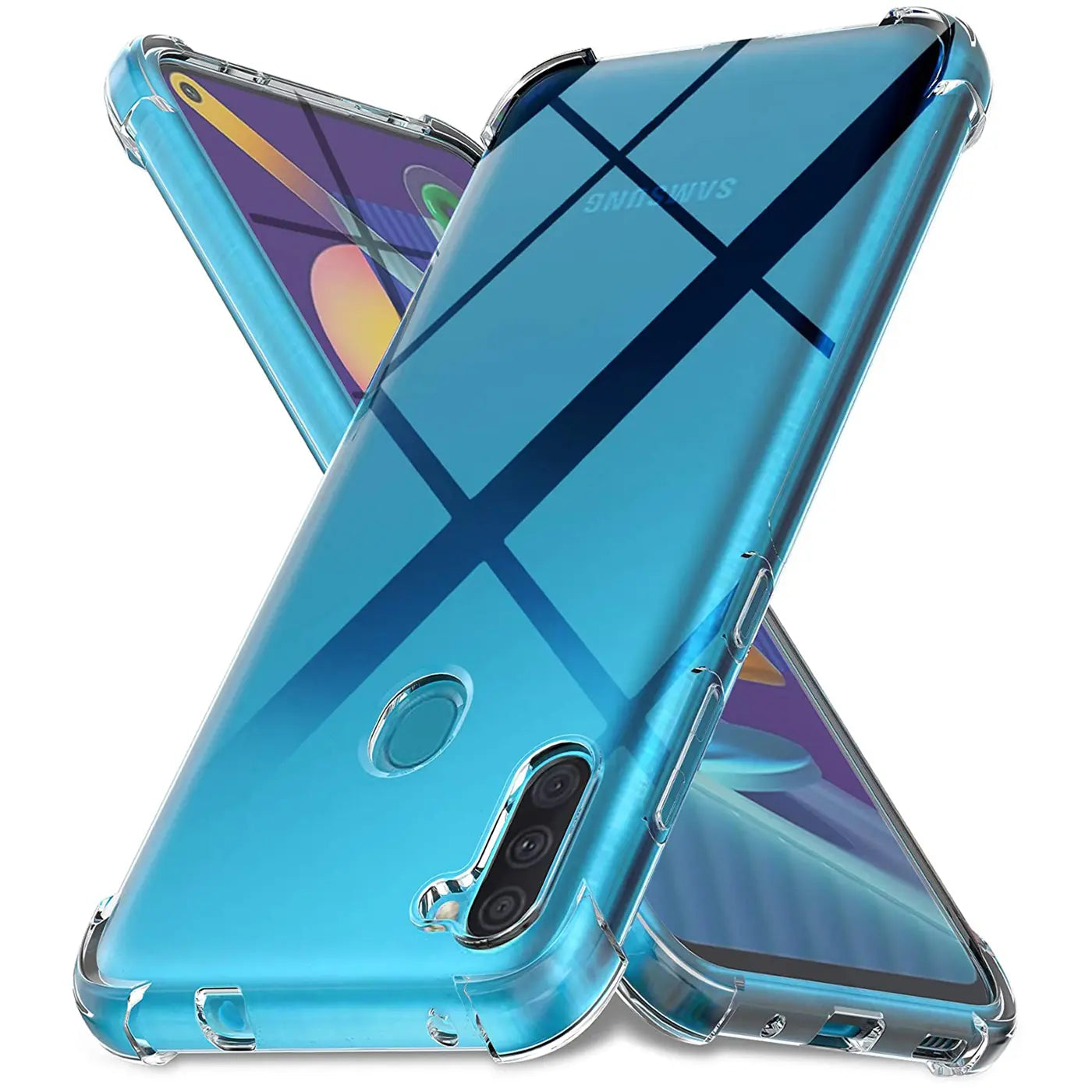 Zwei durchsichtige Hüllen aus TPU für Samsung Galaxy M11, blau, von vorne schräg
