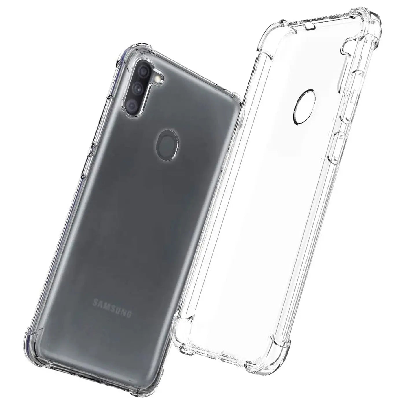Klarer Schutz für Samsung Galaxy M11, stoßfest, aus TPU, von vorne/oben gesehen.