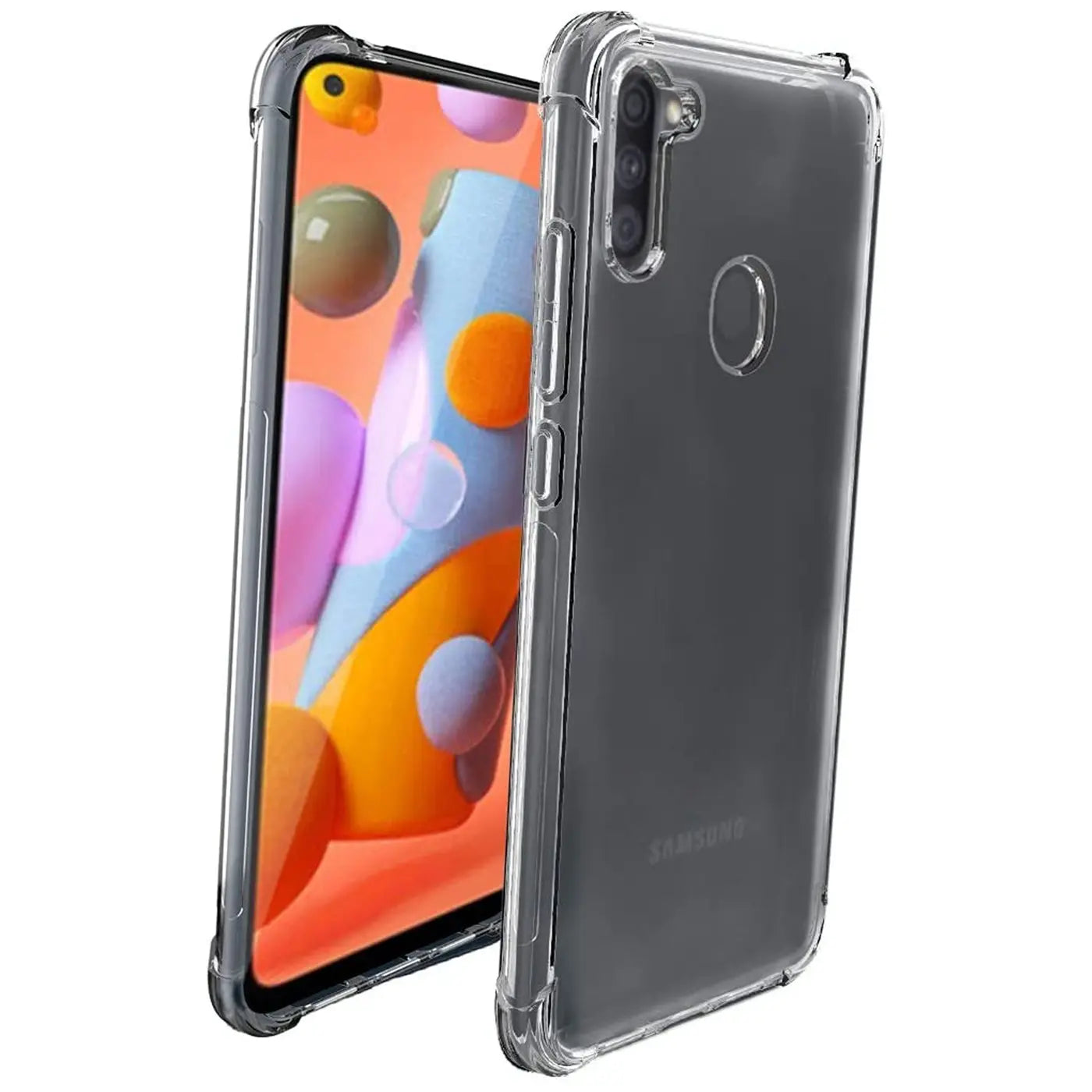 Klarer, stoßfester Schutz für Samsung Galaxy M11, von vorne und hinten gezeigt.