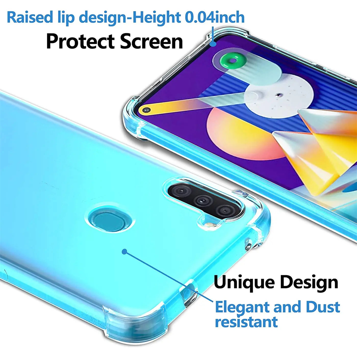 Samsung Galaxy M11: Klare, türkise Hülle aus TPU, von oben/seitlich, mit Handy