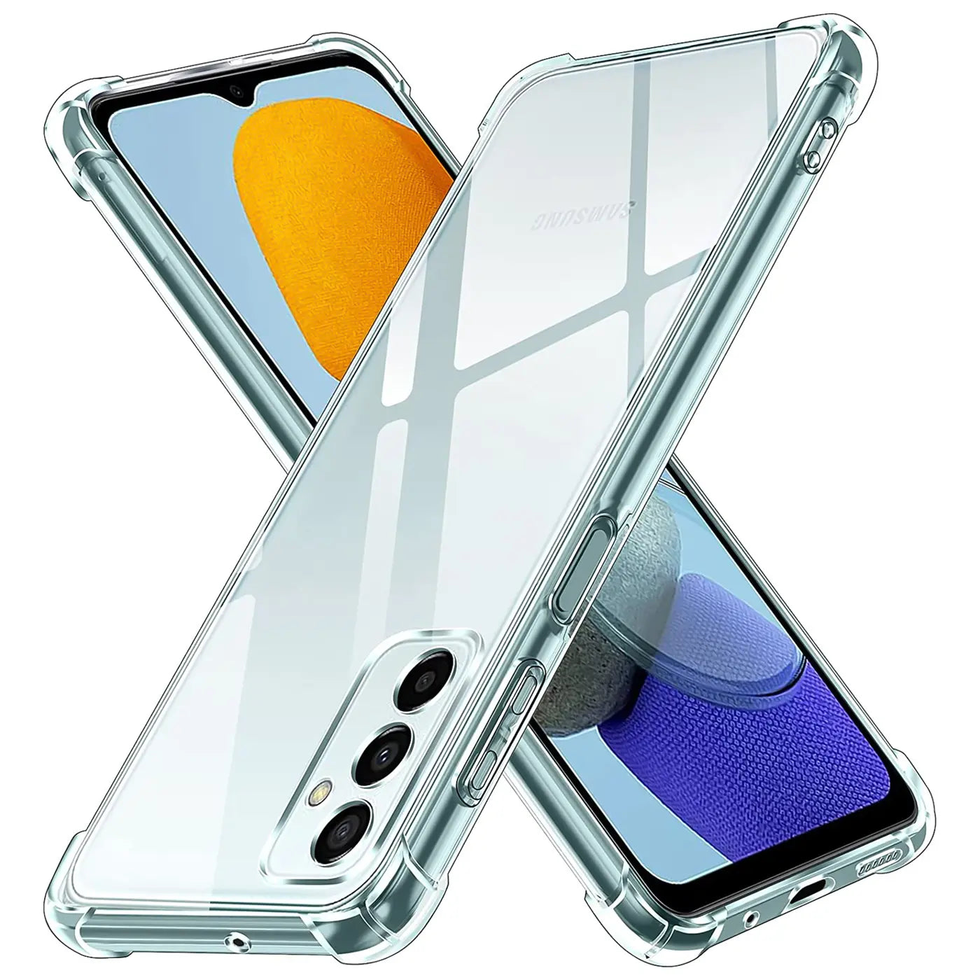 Transparente Hülle aus Kunststoff, schräg von vorne, zeigt Samsung Galaxy M23 5G.