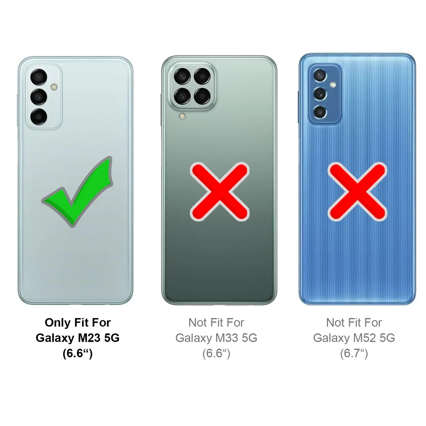 Drei Rückseiten von Smartphones: links Samsung Galaxy M23 5G mit Häkchen, Mitte M33 5G, rechts M52 5G mit Kreuzen.