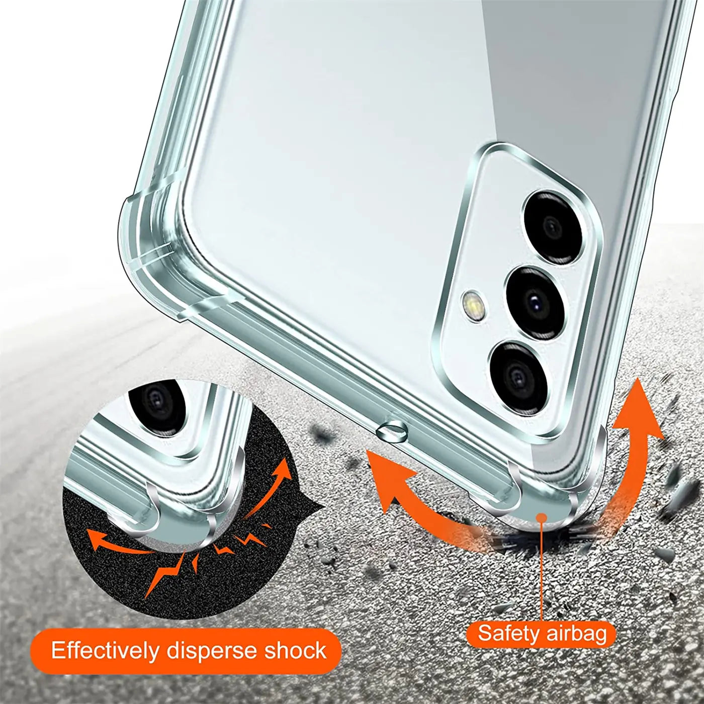 Transparente Hülle aus Kunststoff mit verstärkten Ecken, zeigt Rückseite eines Samsung Galaxy M23 5G.