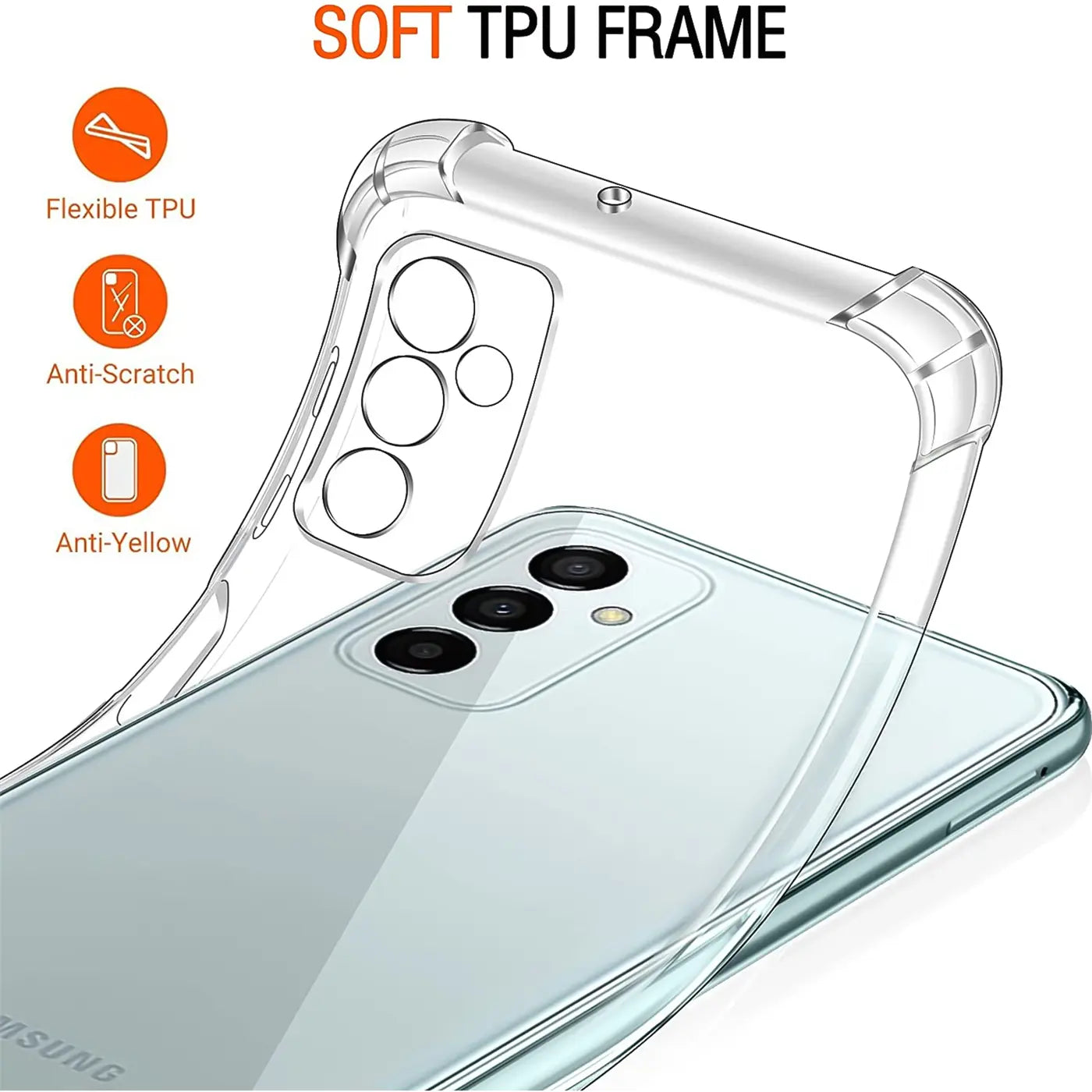 Transparente TPU-Hülle über Samsung Galaxy M23 5G, von schräg oben