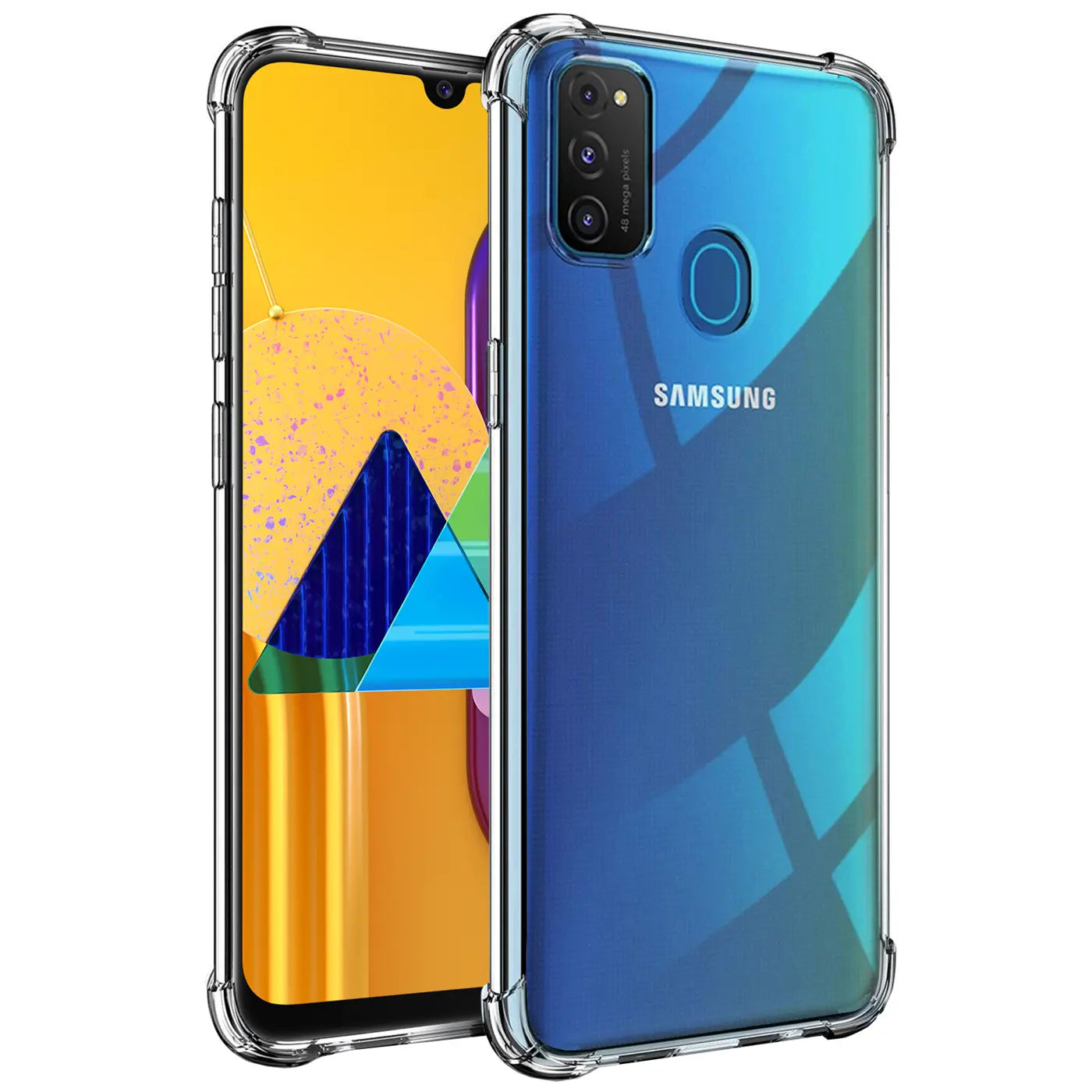 Samsung Galaxy M30s/M21 in klarer Hülle aus TPU, von vorne/hinten, Nahaufnahme.