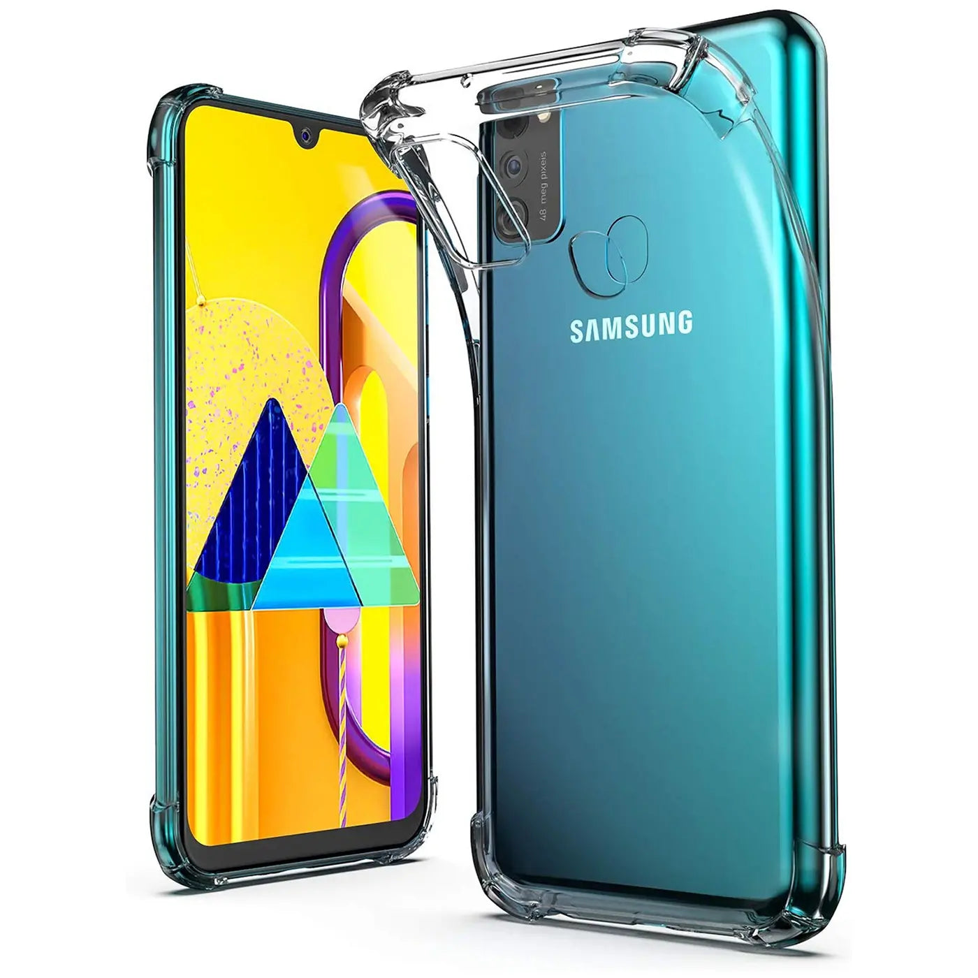 Transparente Hülle aus Kunststoff, schützt Samsung Galaxy M30s/M21. Von vorne und hinten gezeigt.
