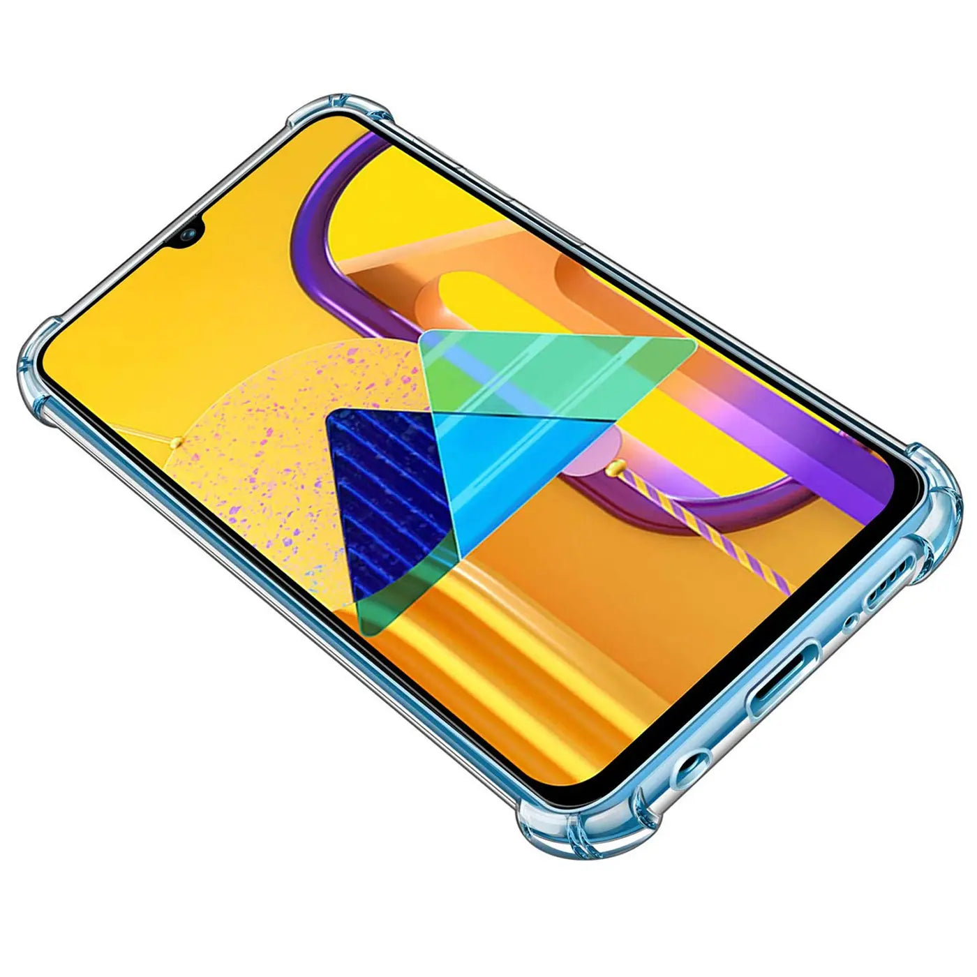 Transparente Hülle aus TPU mit verstärkten Ecken auf einem Samsung Galaxy M30s/M21, von schräg oben.