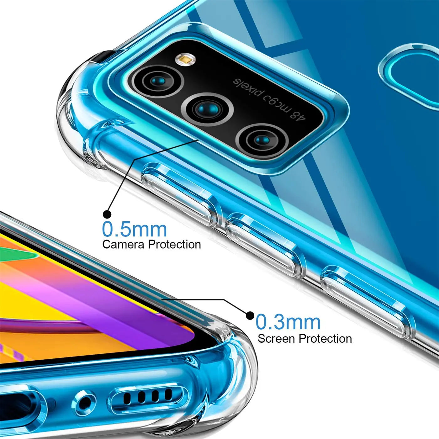 Transparente Hülle aus TPU um ein Samsung Galaxy M30s/M21, Nahaufnahme von Kamera und Display.
