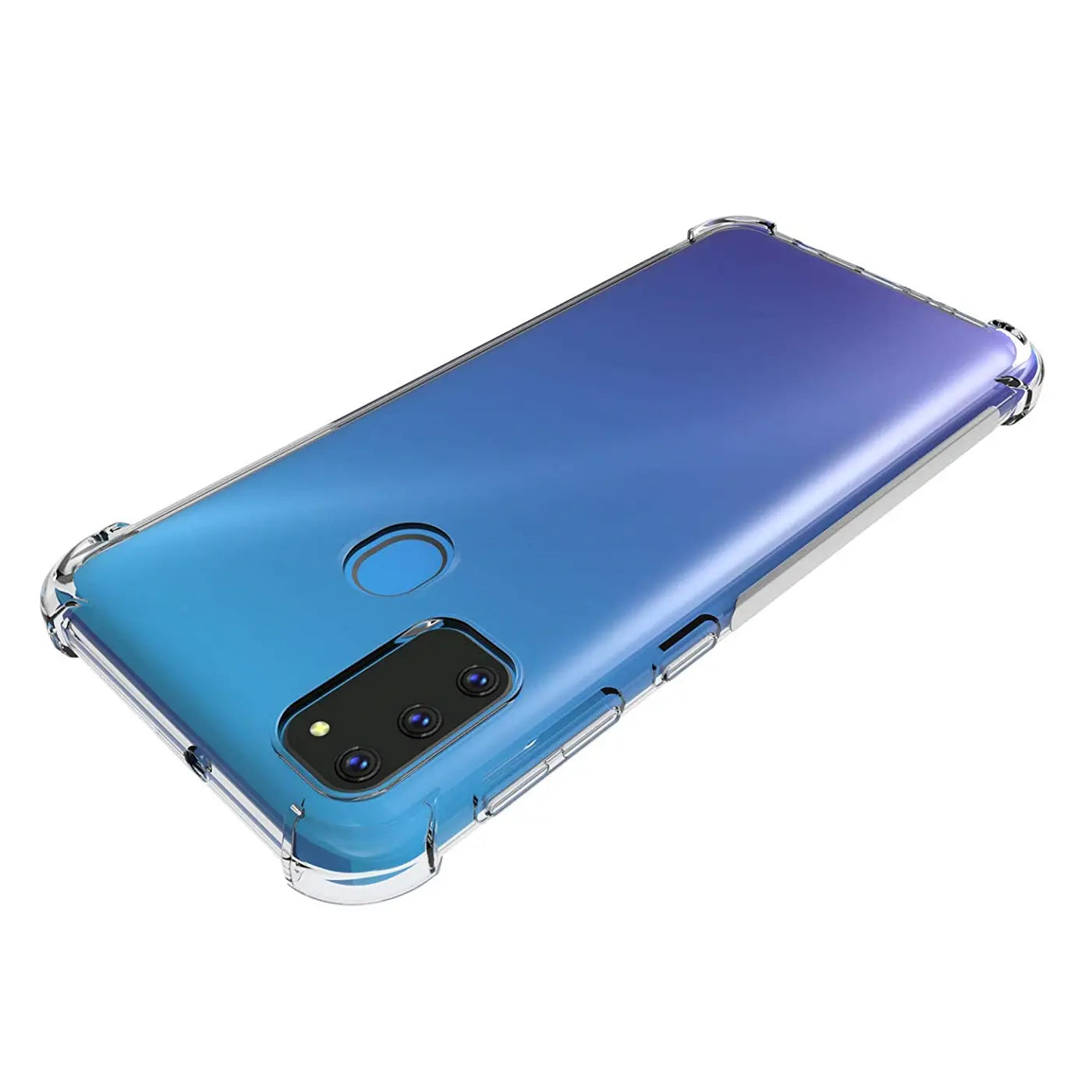 Transparente Hülle mit verstärkten Ecken auf Samsung Galaxy M21, von schräg oben.