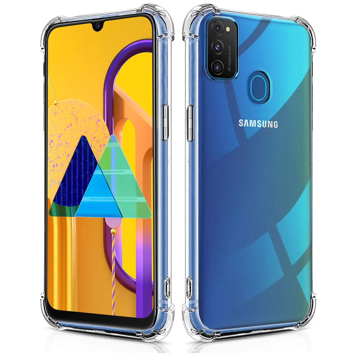 Samsung Galaxy M31 in klarer, stoßfester Hülle, Vorder- und Rückansicht, aus Kunststoff