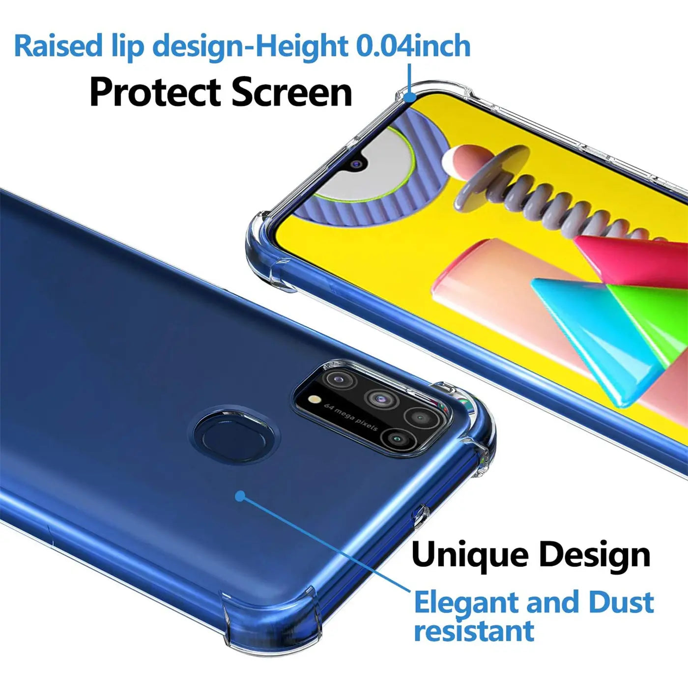 Blaue, transparente Hülle aus Kunststoff, zeigt Rückseite und Vorderseite eines Samsung Galaxy M31.
