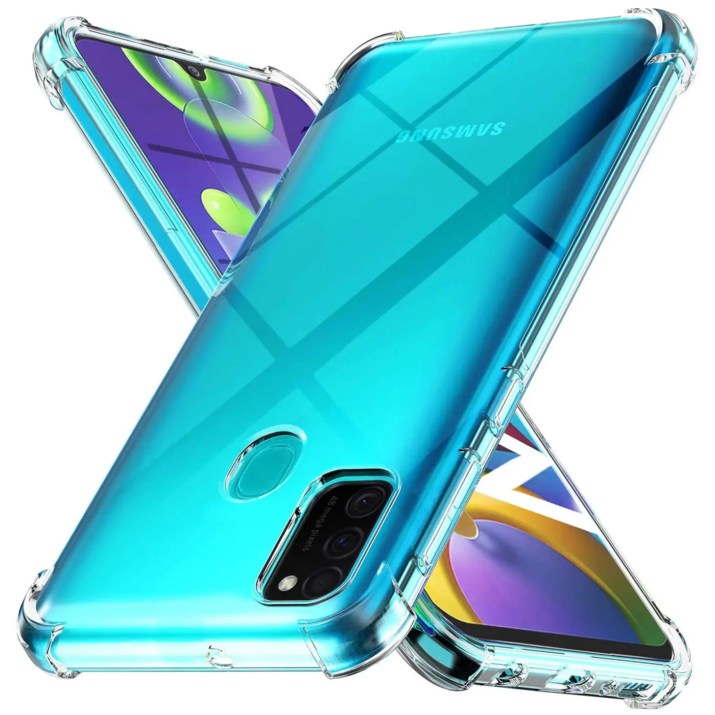 Transparente Hülle aus Kunststoff für Samsung Galaxy M31, von vorne schräg fotografiert.