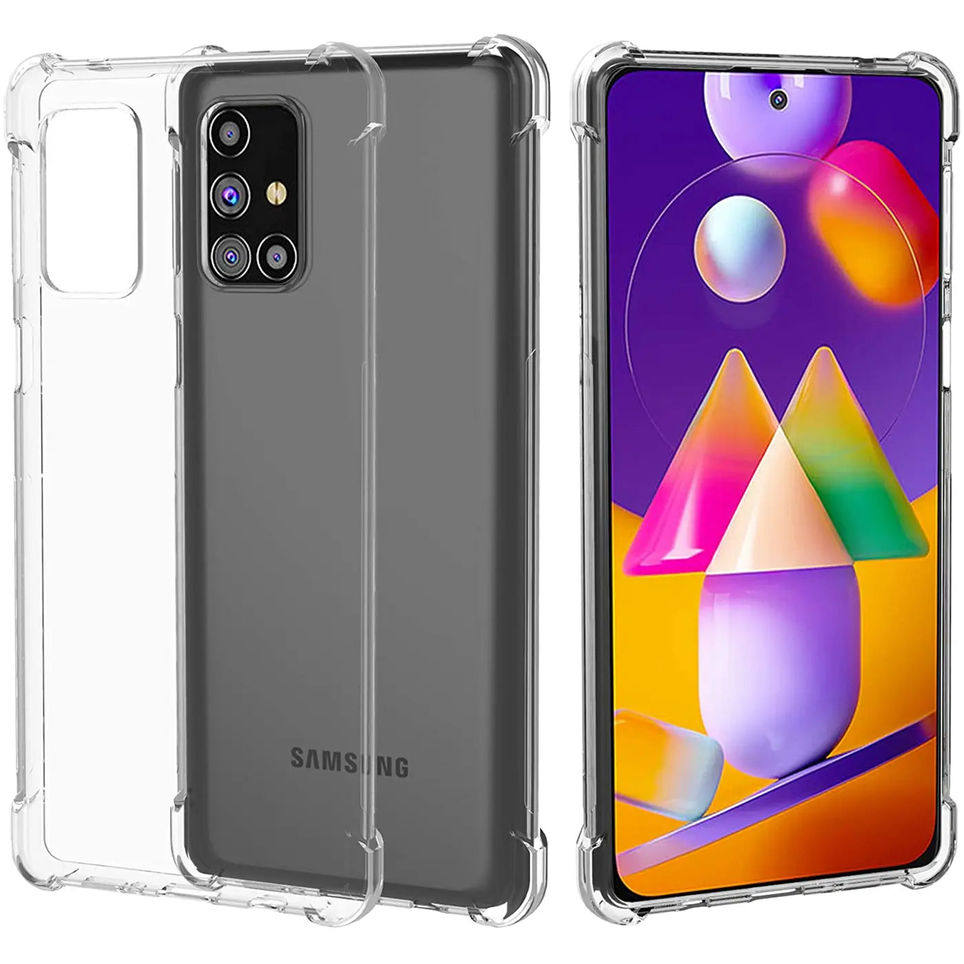 Klare Kunststoffhülle mit verstärkten Ecken, zeigt Rückseite und Vorderseite eines Samsung Galaxy M31s.