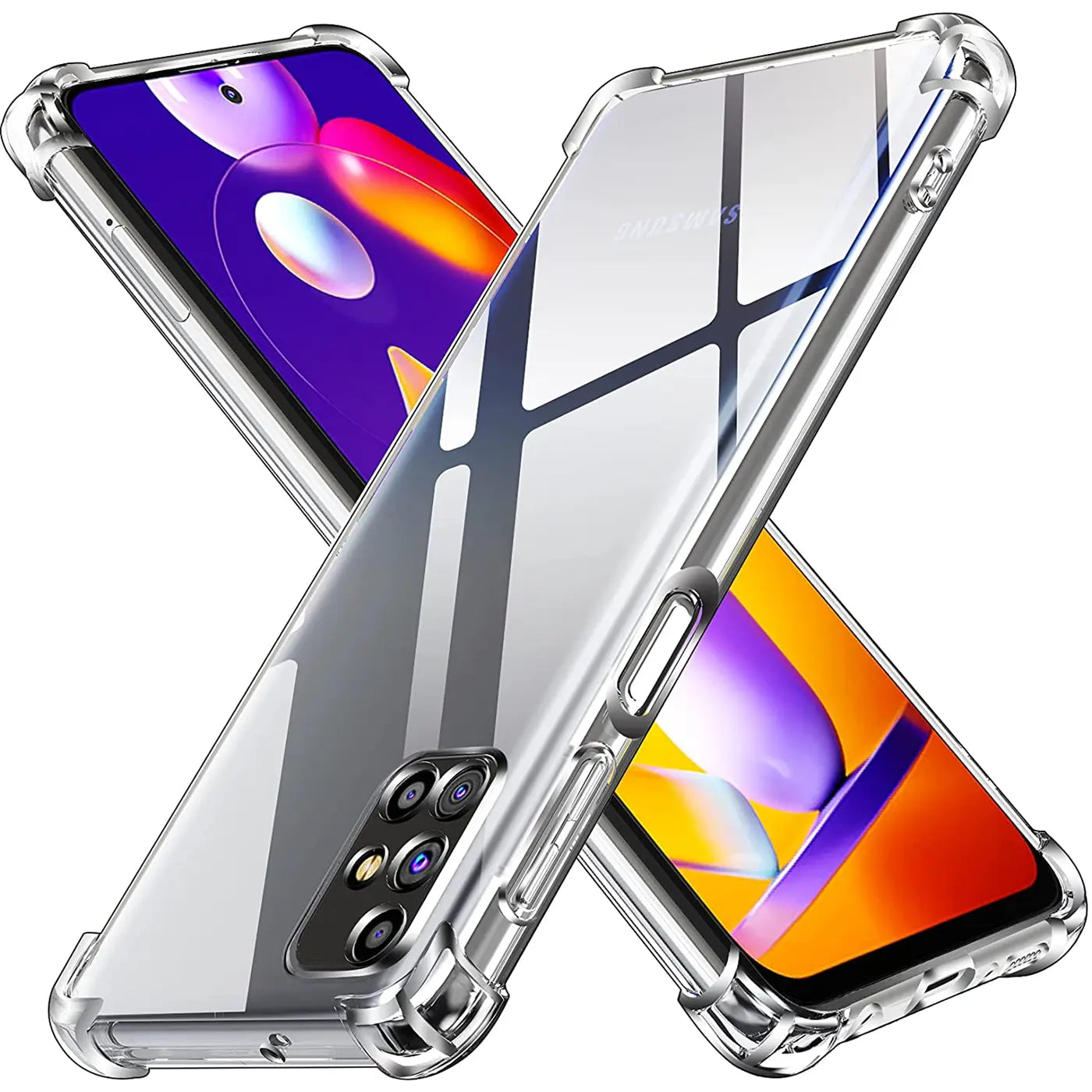 Transparente Hülle aus Kunststoff, schräg von vorne, zeigt Samsung Galaxy M31s.