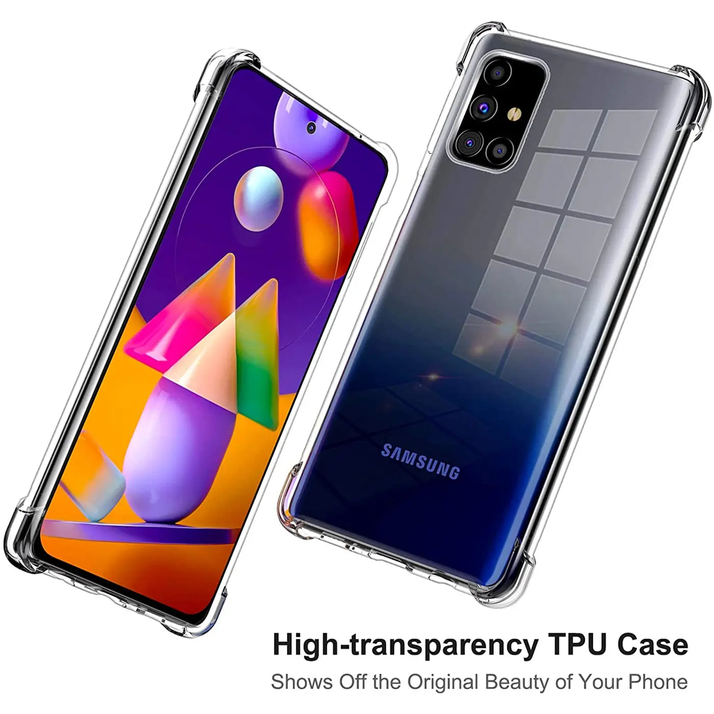 Klar transparente TPU Hülle mit verstärkten Ecken für Samsung Galaxy M31s, von vorne und hinten gezeigt.
