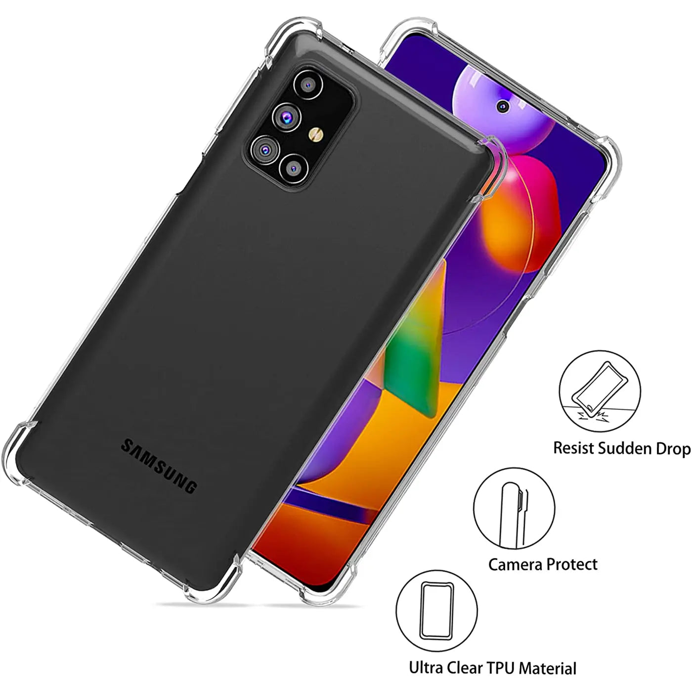 Samsung Galaxy M31s in klarer TPU-Hülle, von schräg oben, Rückseite und Display sichtbar.