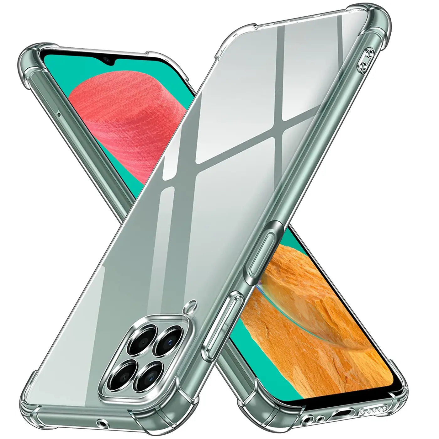 Transparente Hülle aus Kunststoff, schräg von vorne, zeigt Samsung Galaxy M33 5G.