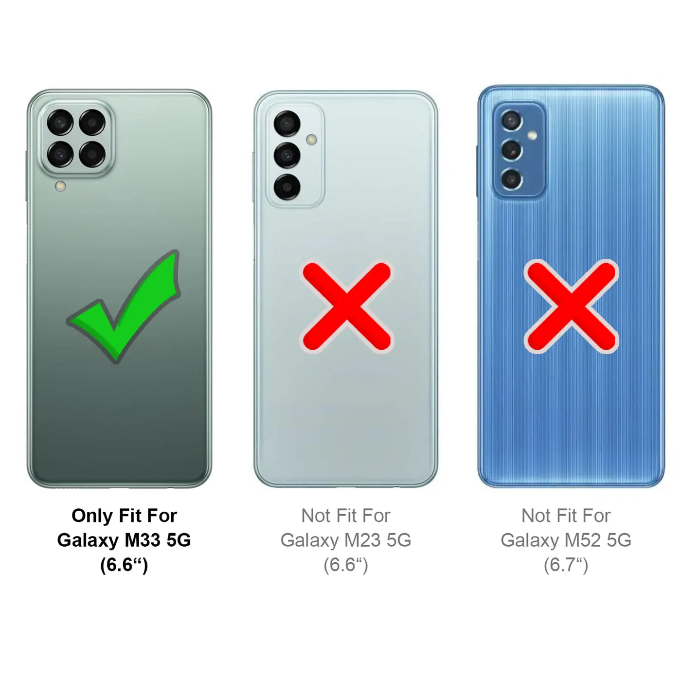 Drei Rückseiten von Smartphones: links grüner Haken auf Samsung M33 5G, rechts rote Kreuze auf M23 5G & M52 5G.
