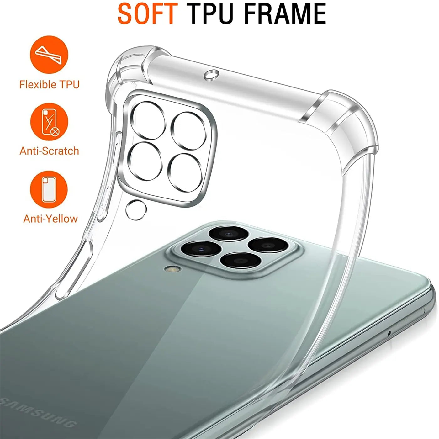 Transparente TPU-Hülle um ein Samsung Galaxy M33 5G, von schräg oben gezeigt.