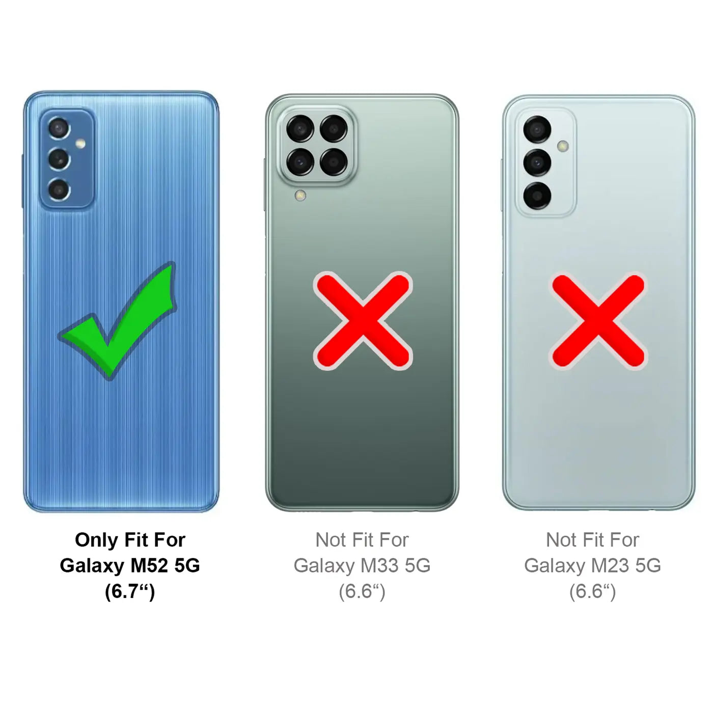 Drei Smartphones: Blaues Galaxy M52 5G mit Haken, grüne und blaue mit Kreuz.