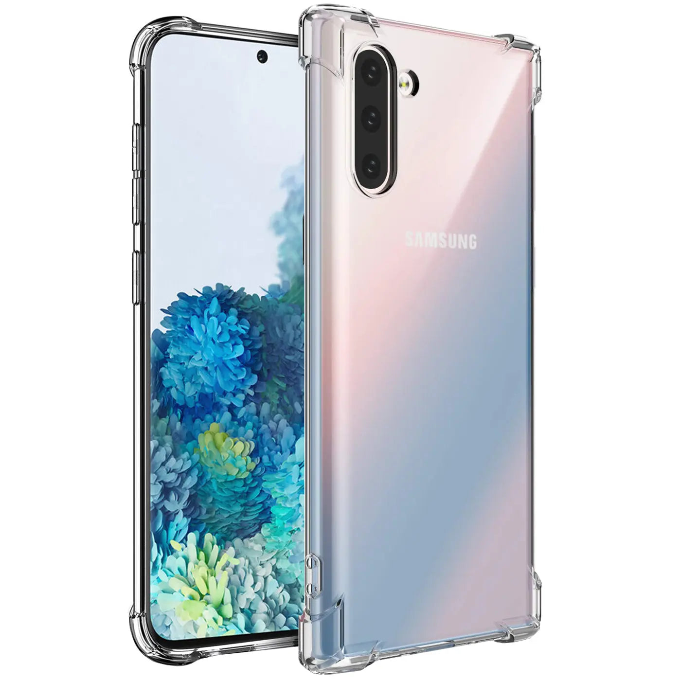 Samsung Galaxy Note 10 in klarer Hülle, von schräg vorne, transparentes Material.