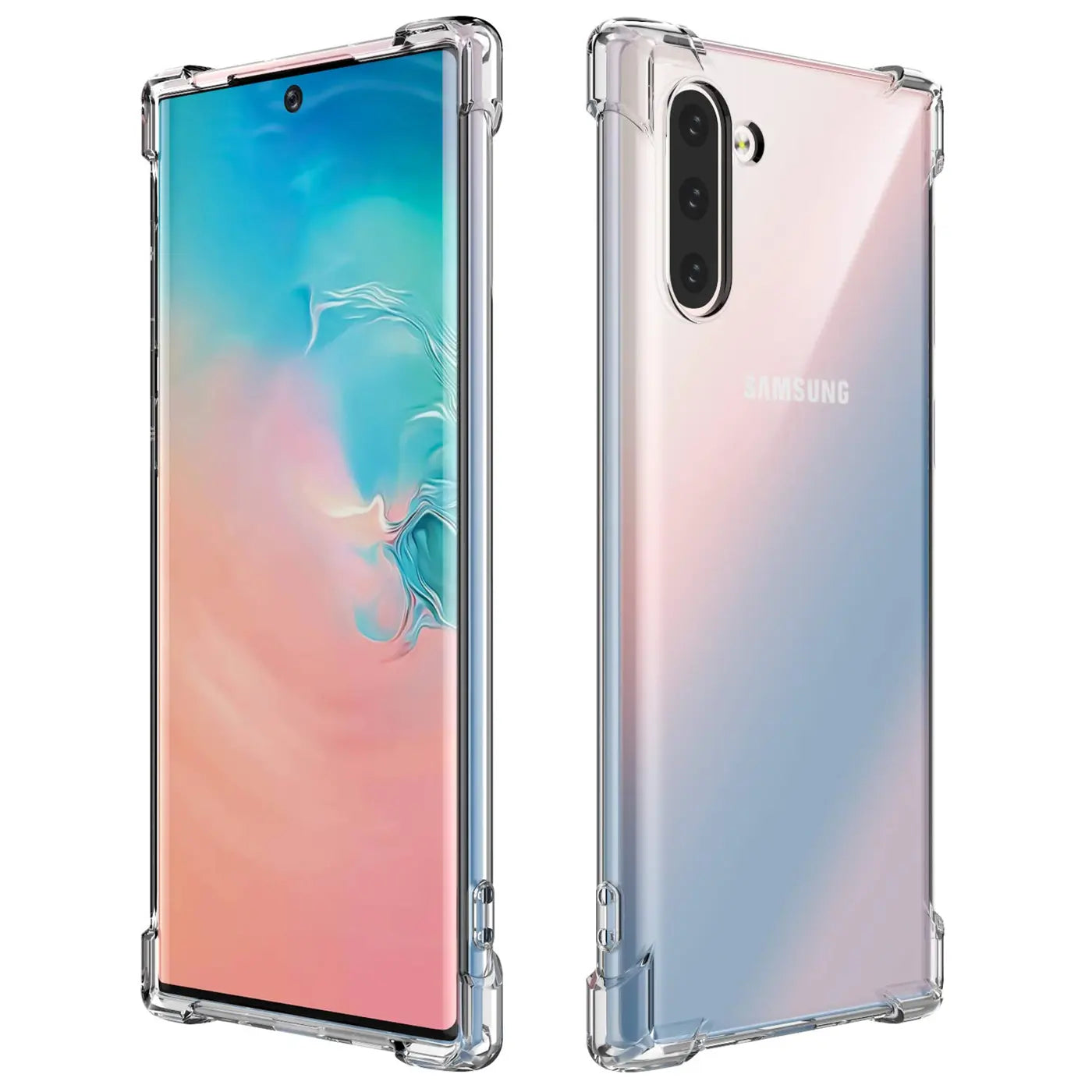Samsung Galaxy Note 10 in klarer Hülle, Vorder- und Rückansicht, transparentes Material