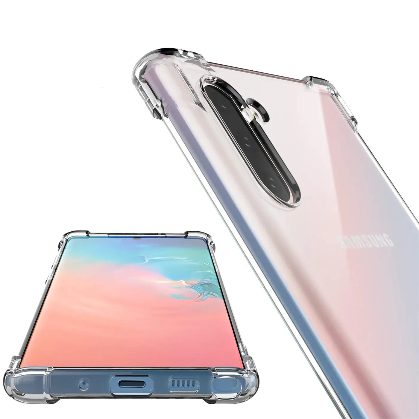 Samsung Galaxy Note 10 in klarer Hülle, von vorne und schräg hinten gezeigt.