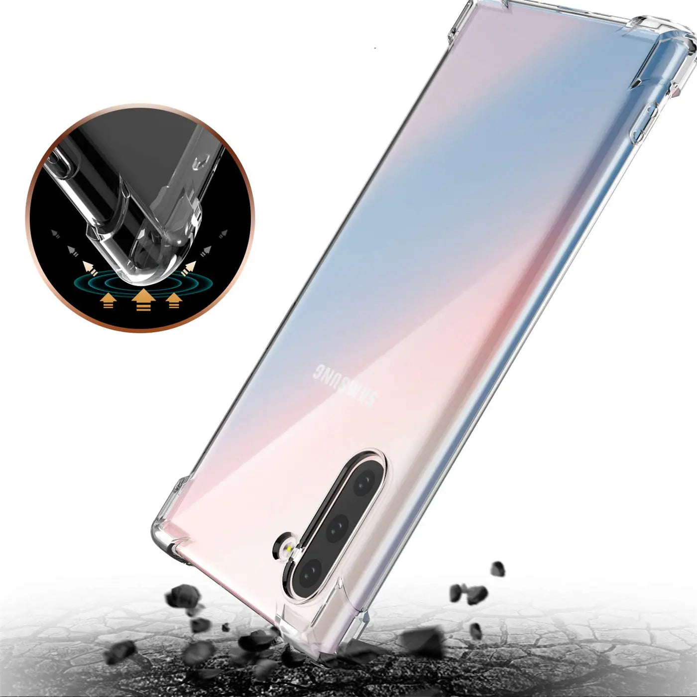 Samsung Galaxy Note 10 in klarer Hülle, von oben rechts, mit Stoßschutz-Symbol.