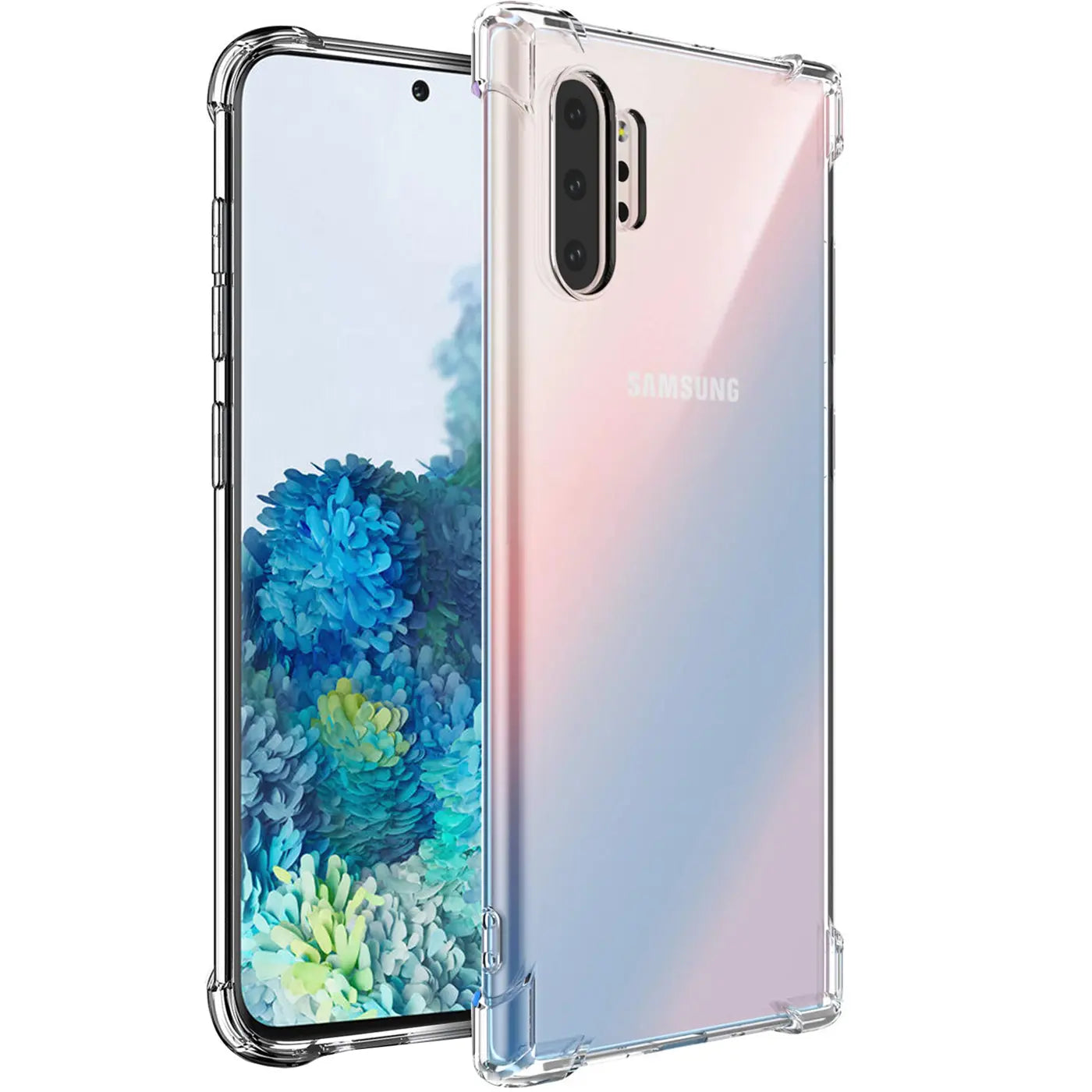 Transparente, stoßfeste Hülle aus Kunststoff, schräg von vorne, zeigt Samsung Galaxy Note 10 Plus.