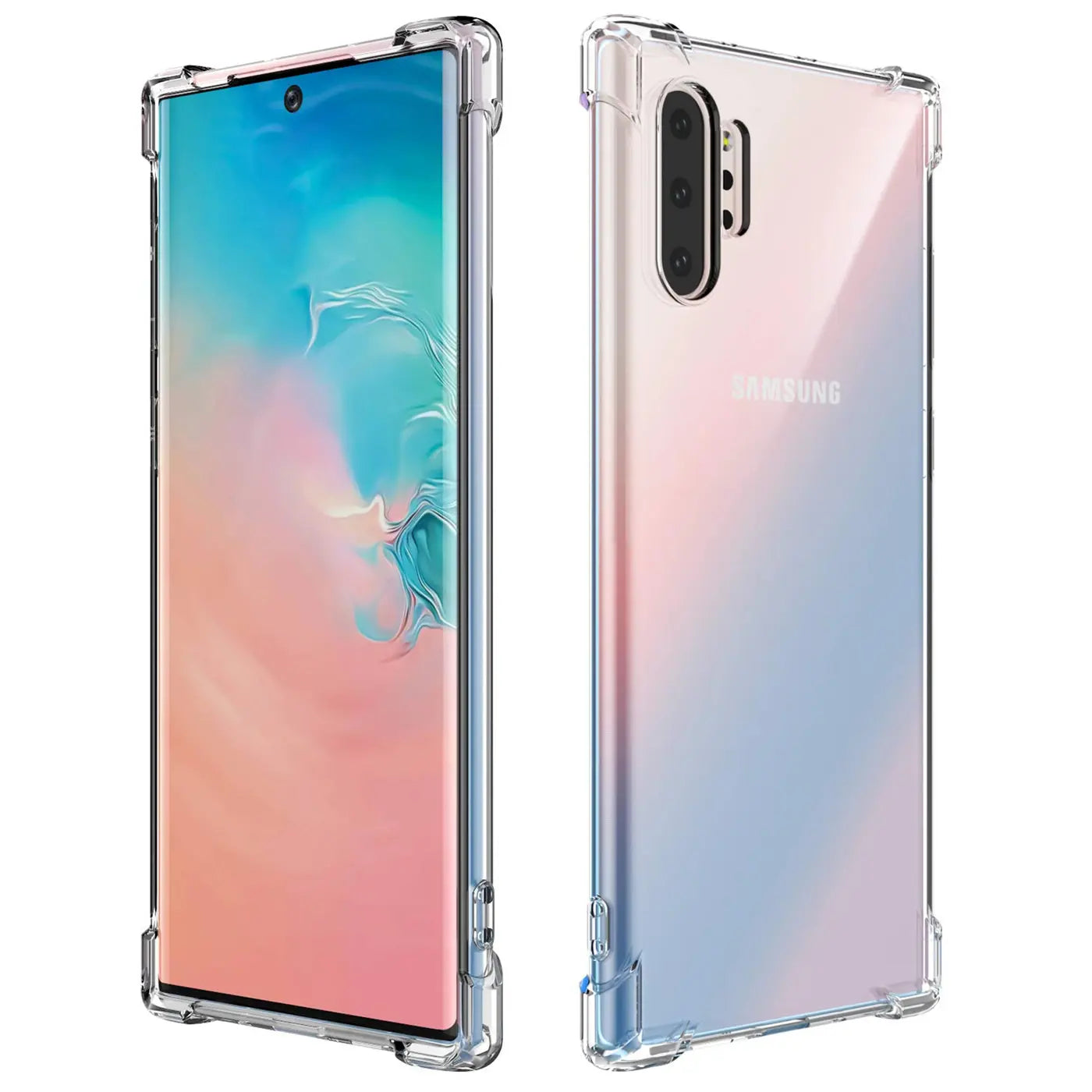 Samsung Galaxy Note 10 Plus in klarer Hülle, Vorder- und Rückansicht, aus Kunststoff.