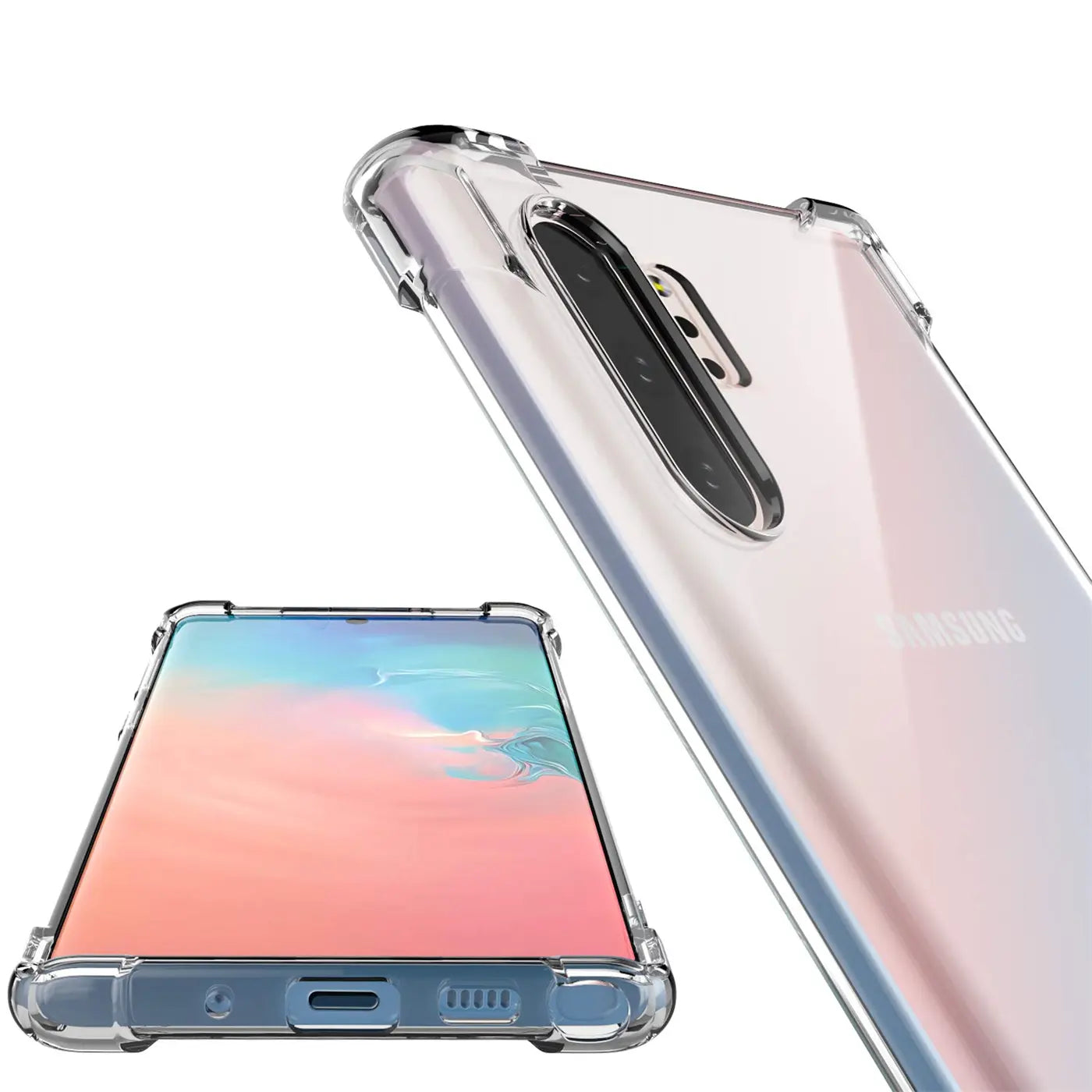 Samsung Galaxy Note 10 Plus in klarer Hülle, von vorne und schräg hinten gezeigt.