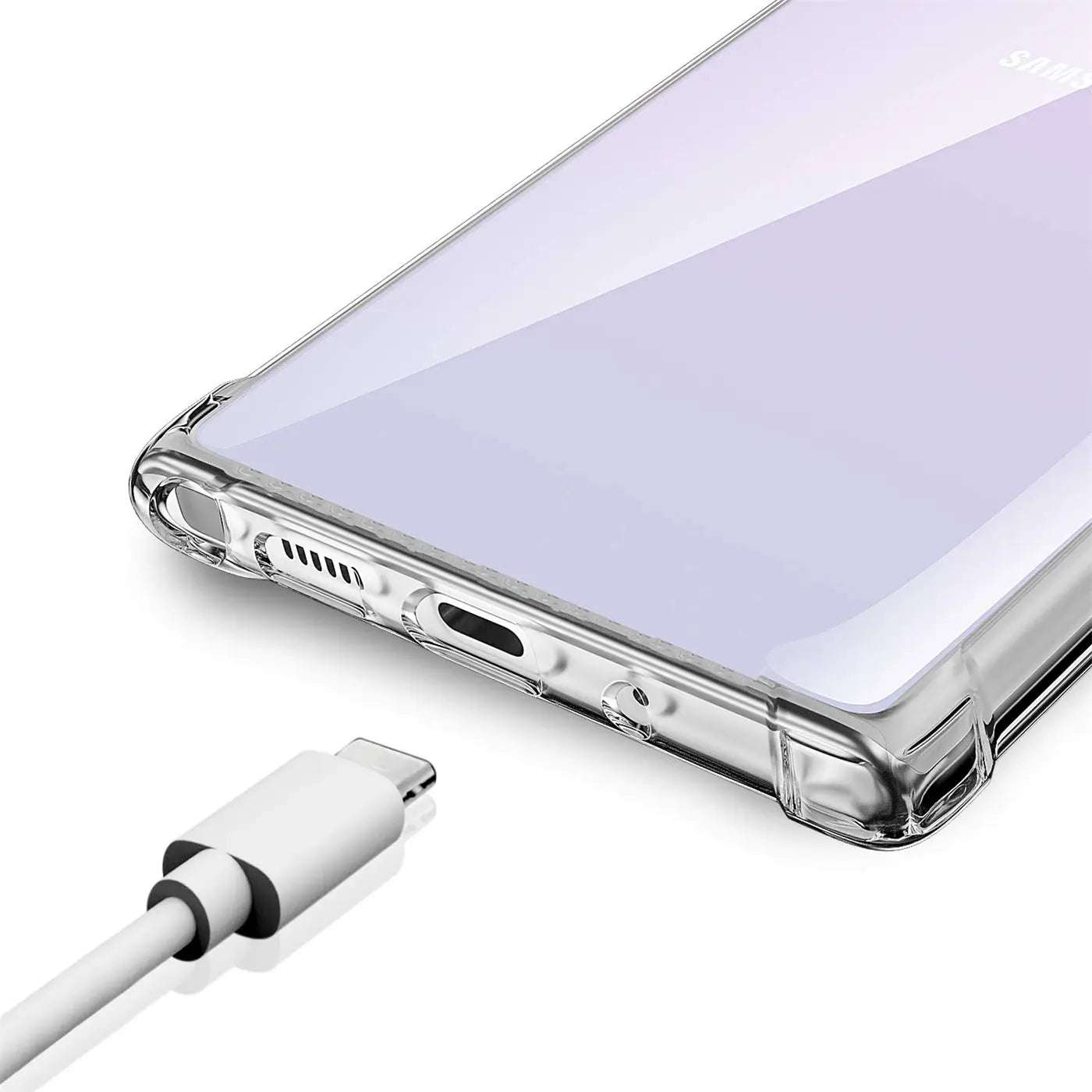 Transparente Hülle aus Kunststoff, Nahaufnahme, unten, Samsung Galaxy Note 10 Plus mit USB-C-Kabel.