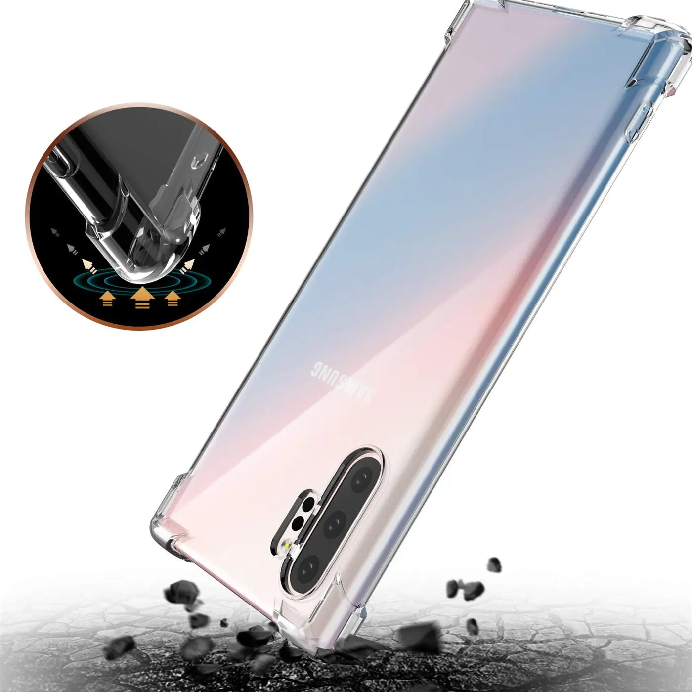 Transparente Hülle aus Kunststoff, schützt Samsung Galaxy Note 10 Plus vor Stürzen.