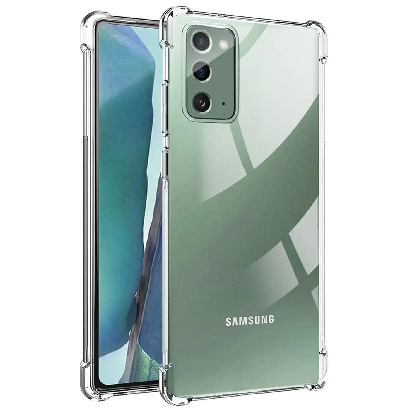 Transparente Hülle aus Kunststoff mit verstärkten Ecken, zeigt Samsung Galaxy Note 20.