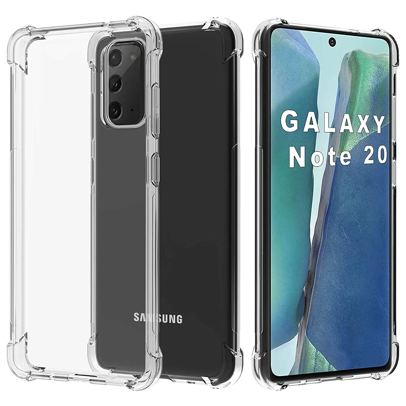 Transparente Schutzhülle aus Kunststoff für Samsung Galaxy Note 20, von vorne und von hinten gezeigt.