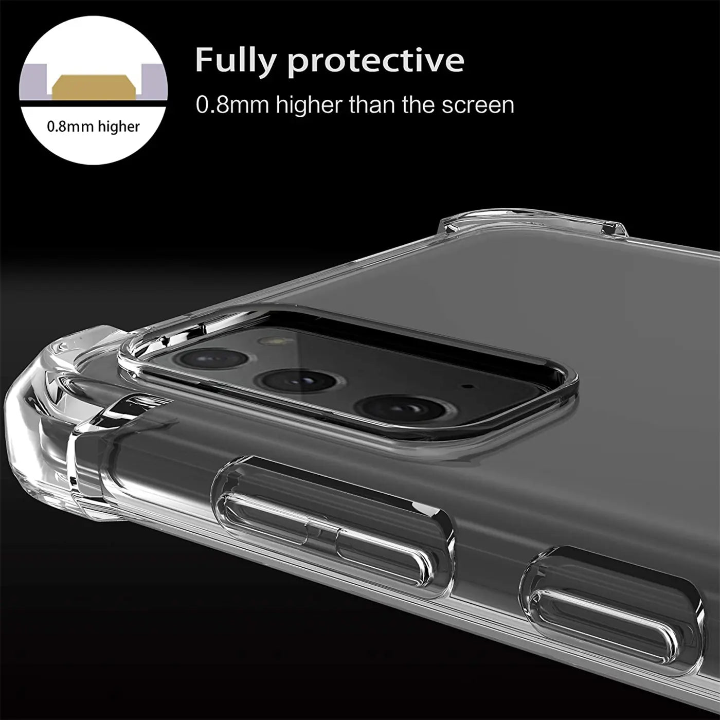 Transparente Hülle aus Kunststoff, Nahaufnahme, zeigt Rückseite eines Samsung Galaxy Note 20.