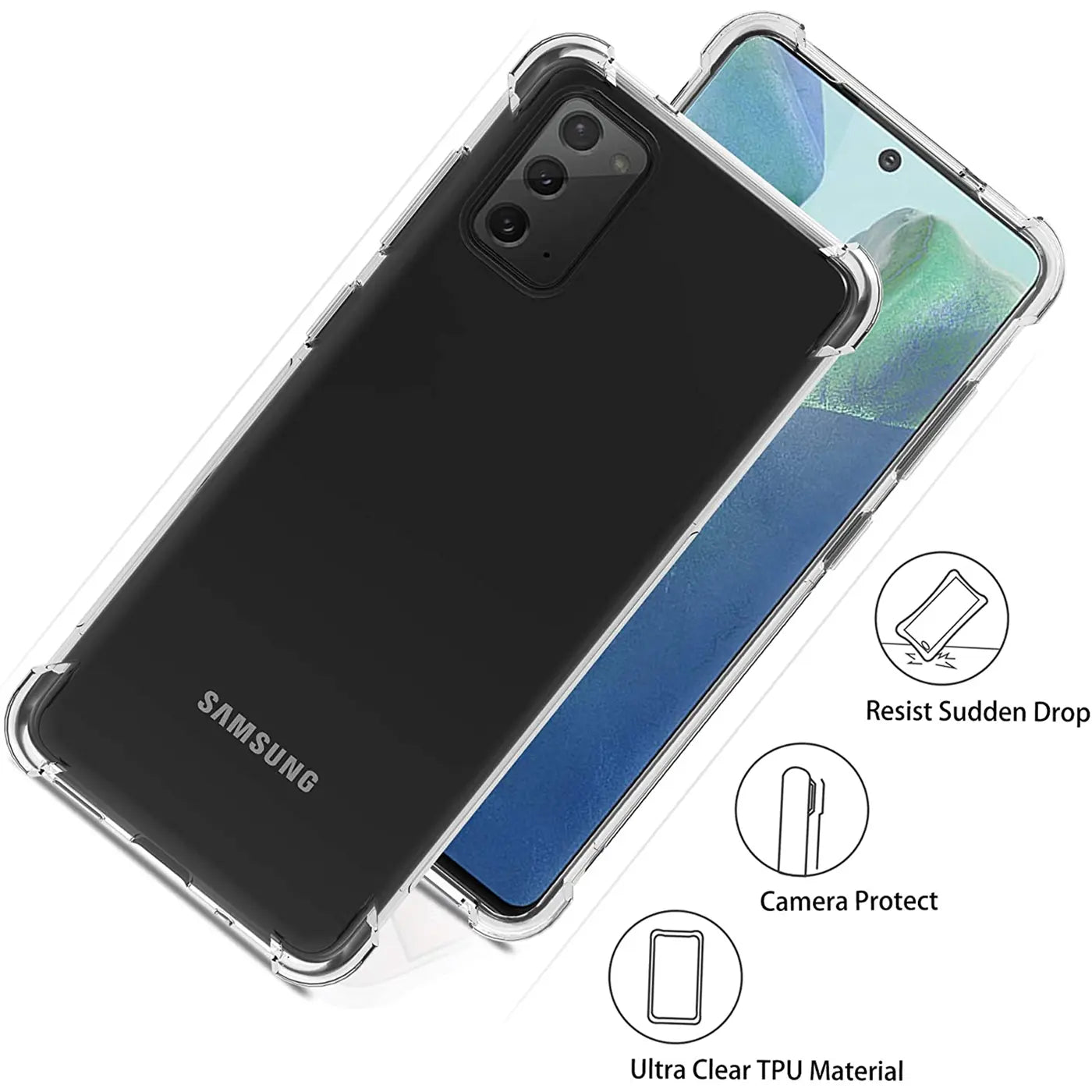 Transparente TPU-Hülle mit verstärkten Ecken auf Samsung Galaxy Note 20, schräg von oben
