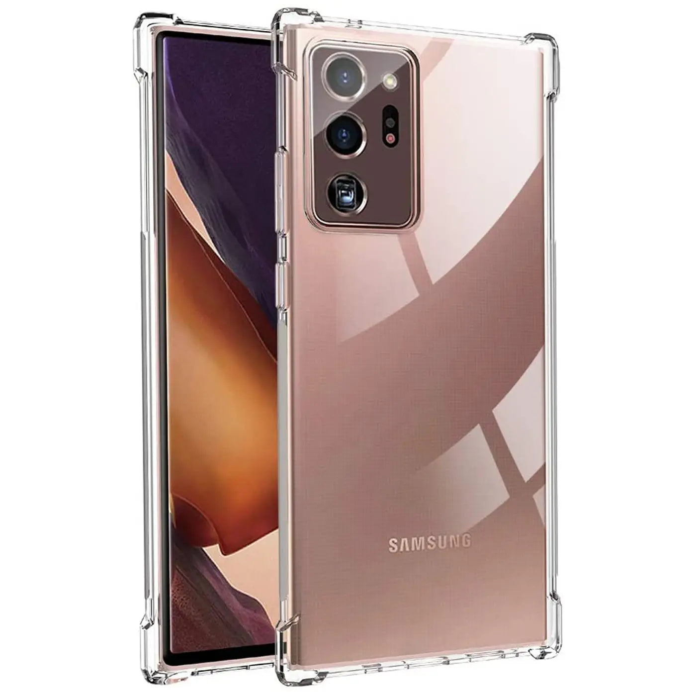 Samsung Galaxy Note 20 Ultra in transparenter Hülle, von vorne links, aus Kunststoff.