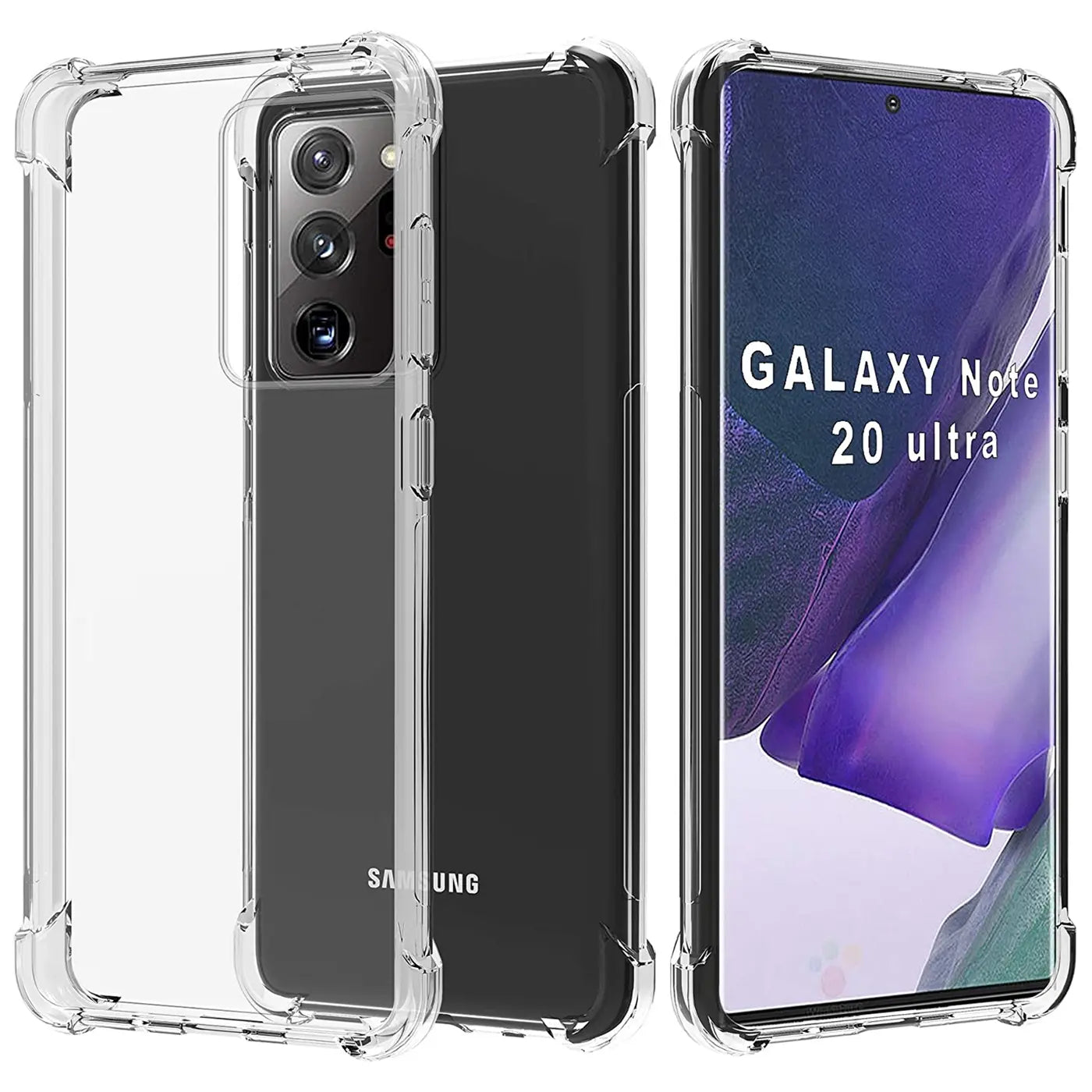 Transparente, stoßfeste Hülle aus Kunststoff für Samsung Galaxy Note 20 Ultra, von vorne und hinten gezeigt.