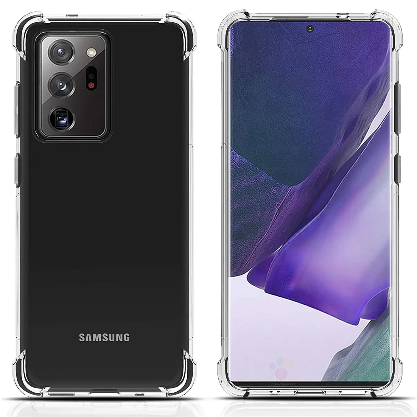 Samsung Galaxy Note 20 Ultra in klarer Stoßschutzhülle, Vorder- und Rückansicht, transparentes Material.