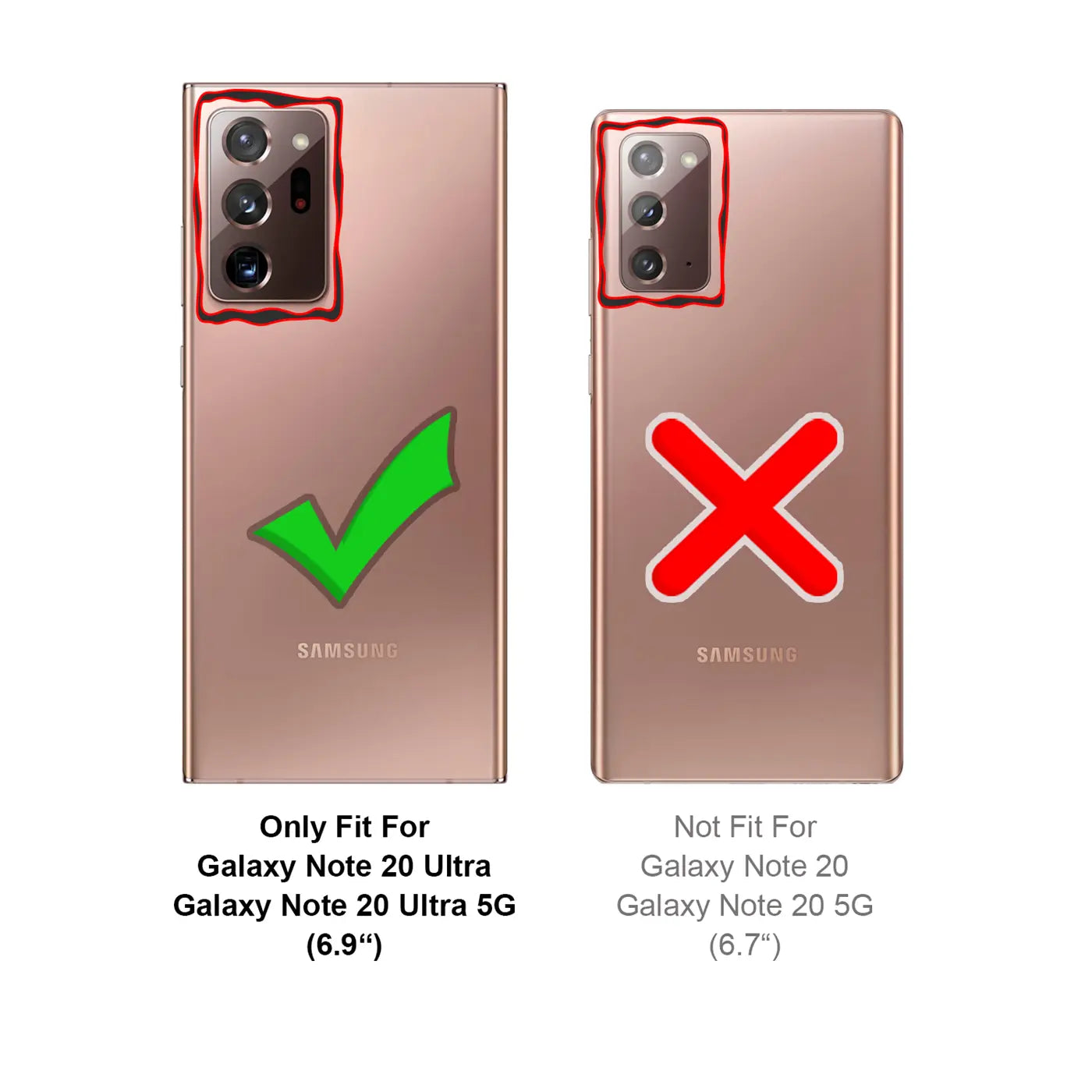 Zwei Samsung Galaxy Note 20 Ultra in Roségold, Rückansicht. Links mit grüner Haken, rechts mit rotem Kreuz.