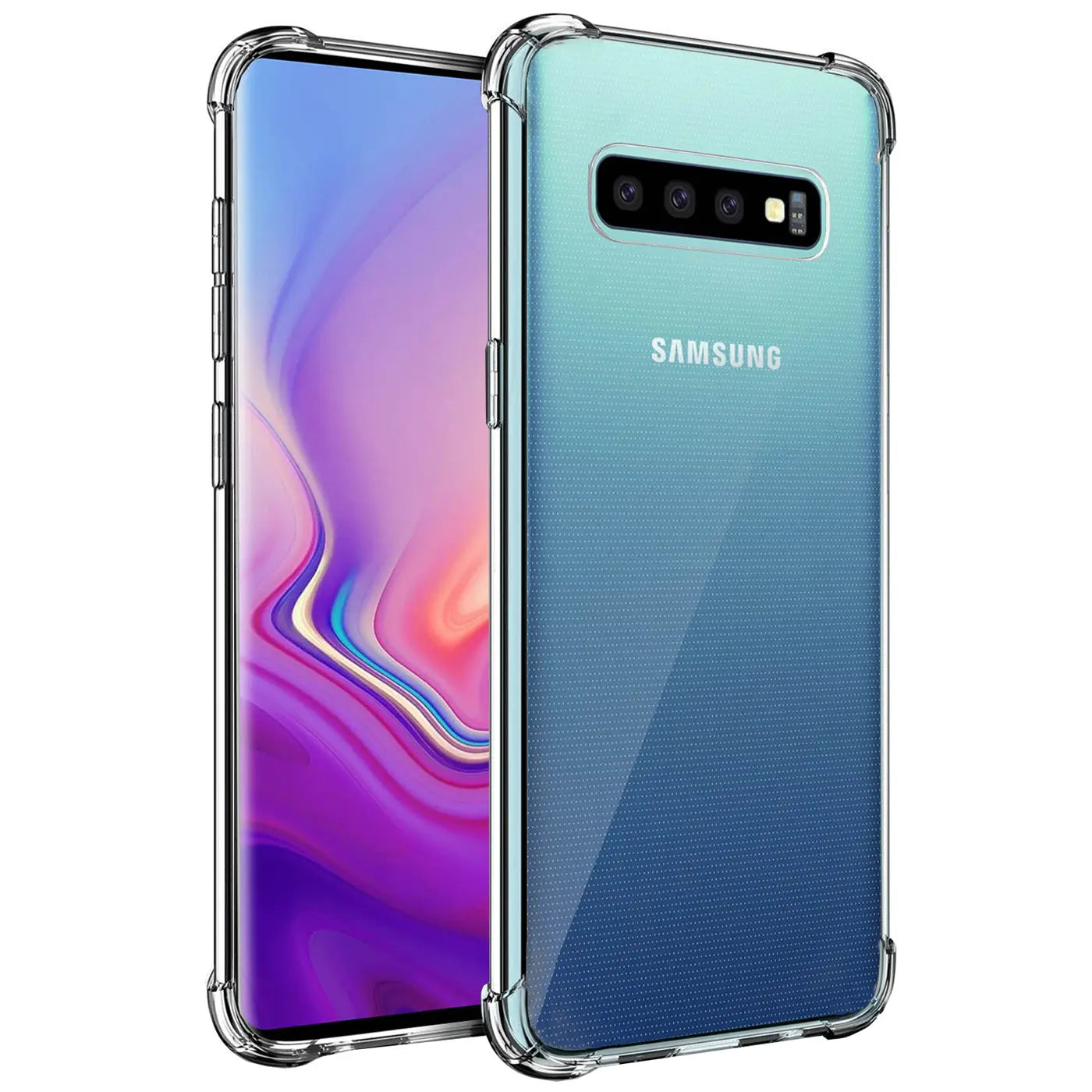 Samsung Galaxy S10 Plus in klarer, stoßfester Hülle, von vorne/seitlich, blau/grüner Farbverlauf