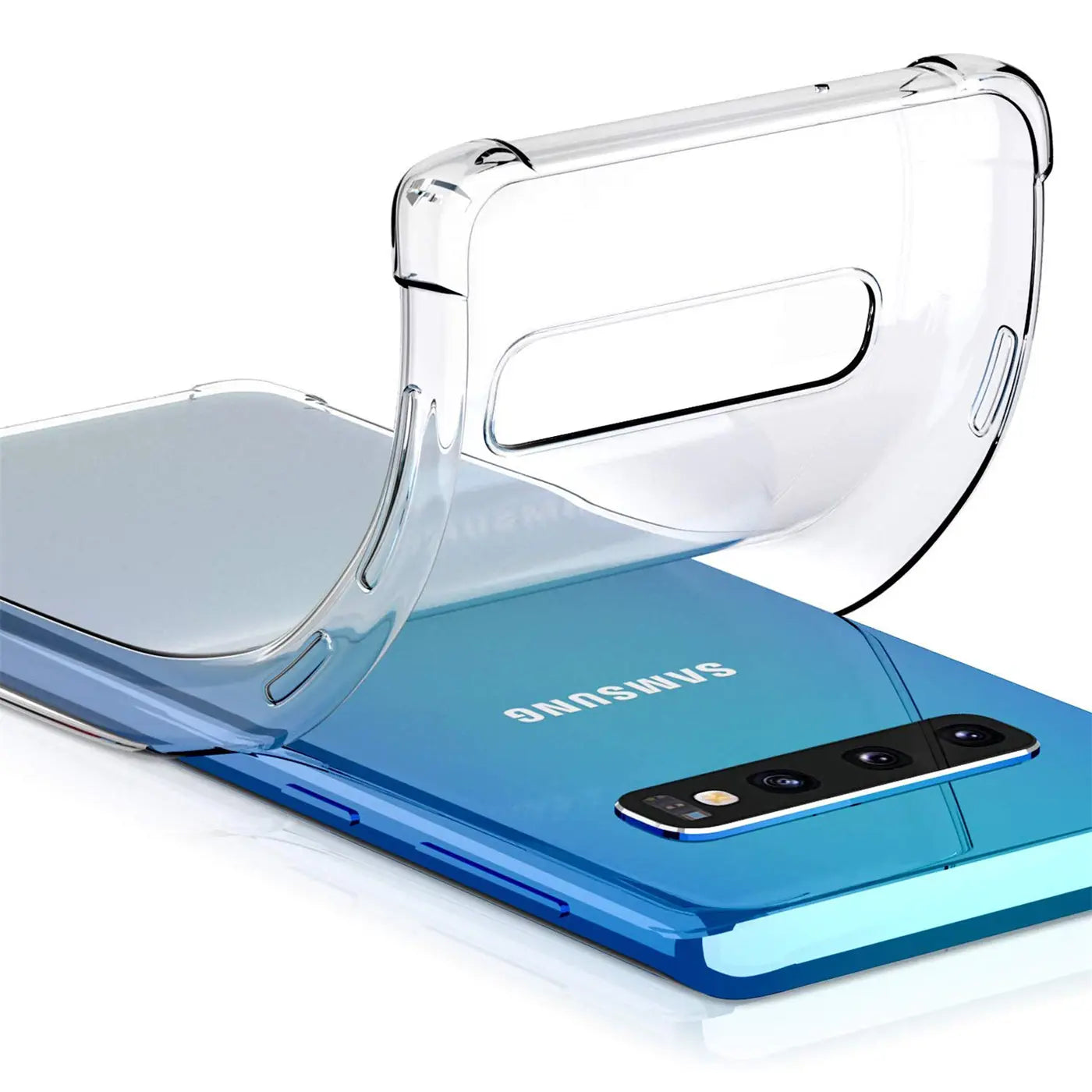 Transparente Silikonhülle wird auf ein blaues Samsung Galaxy S10 Plus gelegt.