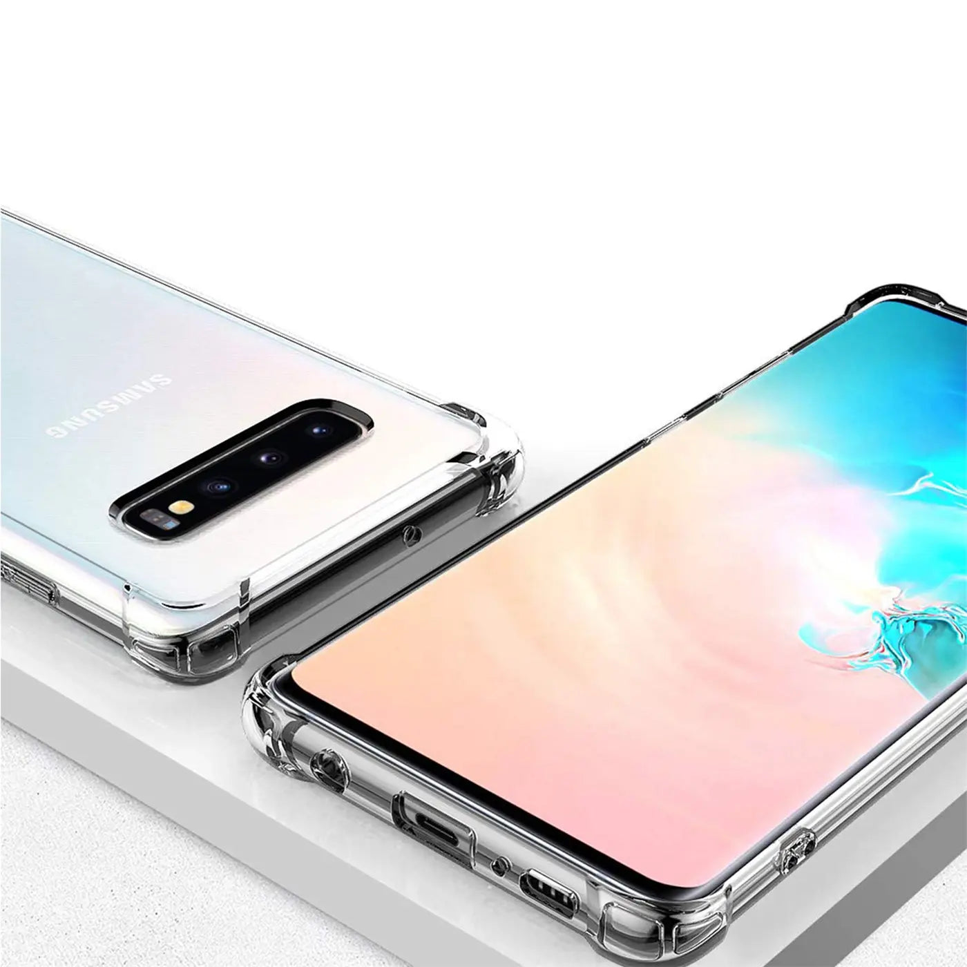 Transparente Hülle aus Kunststoff, schützt Samsung Galaxy S10 Plus. Von schräg oben.