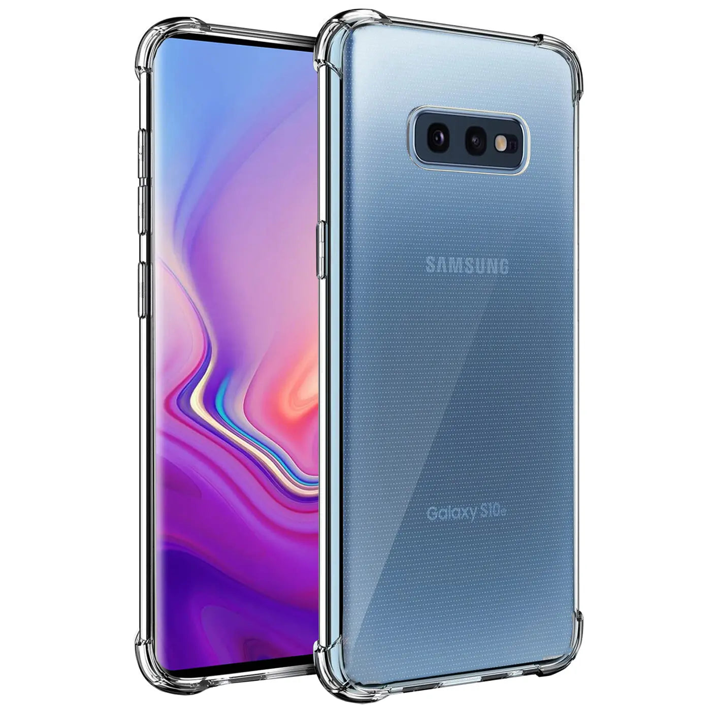 Samsung Galaxy S10e in klarer, stoßfester Hülle, von hinten und leicht schräg gezeigt.