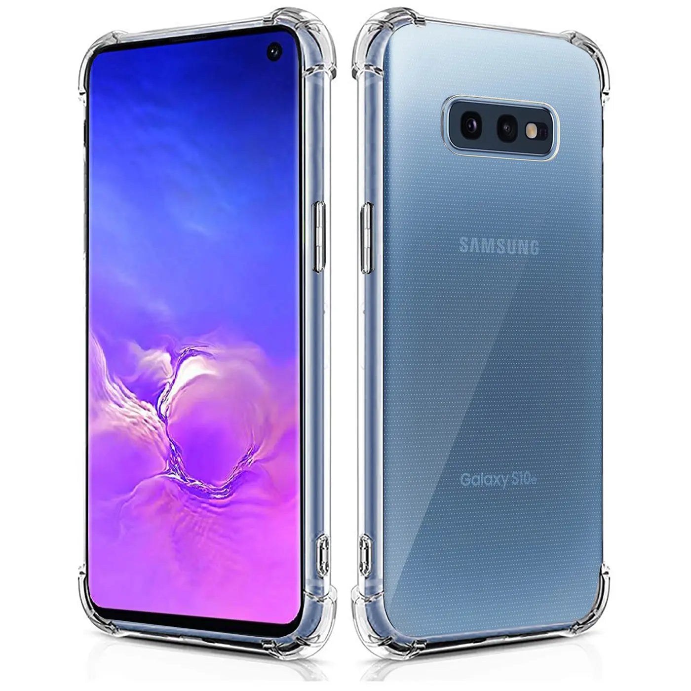 Samsung Galaxy S10e in klarer, stoßfester Hülle, Vorder- und Rückansicht, aus Kunststoff.