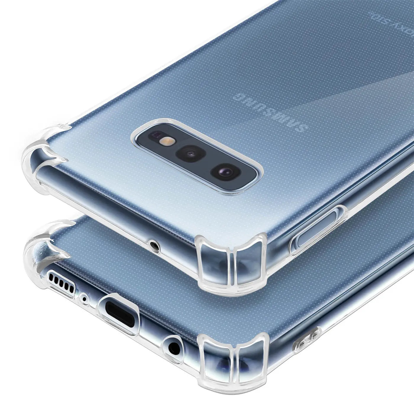Transparente Hülle aus Kunststoff mit verstärkten Ecken, zeigt Rückseite Samsung Galaxy S10e.